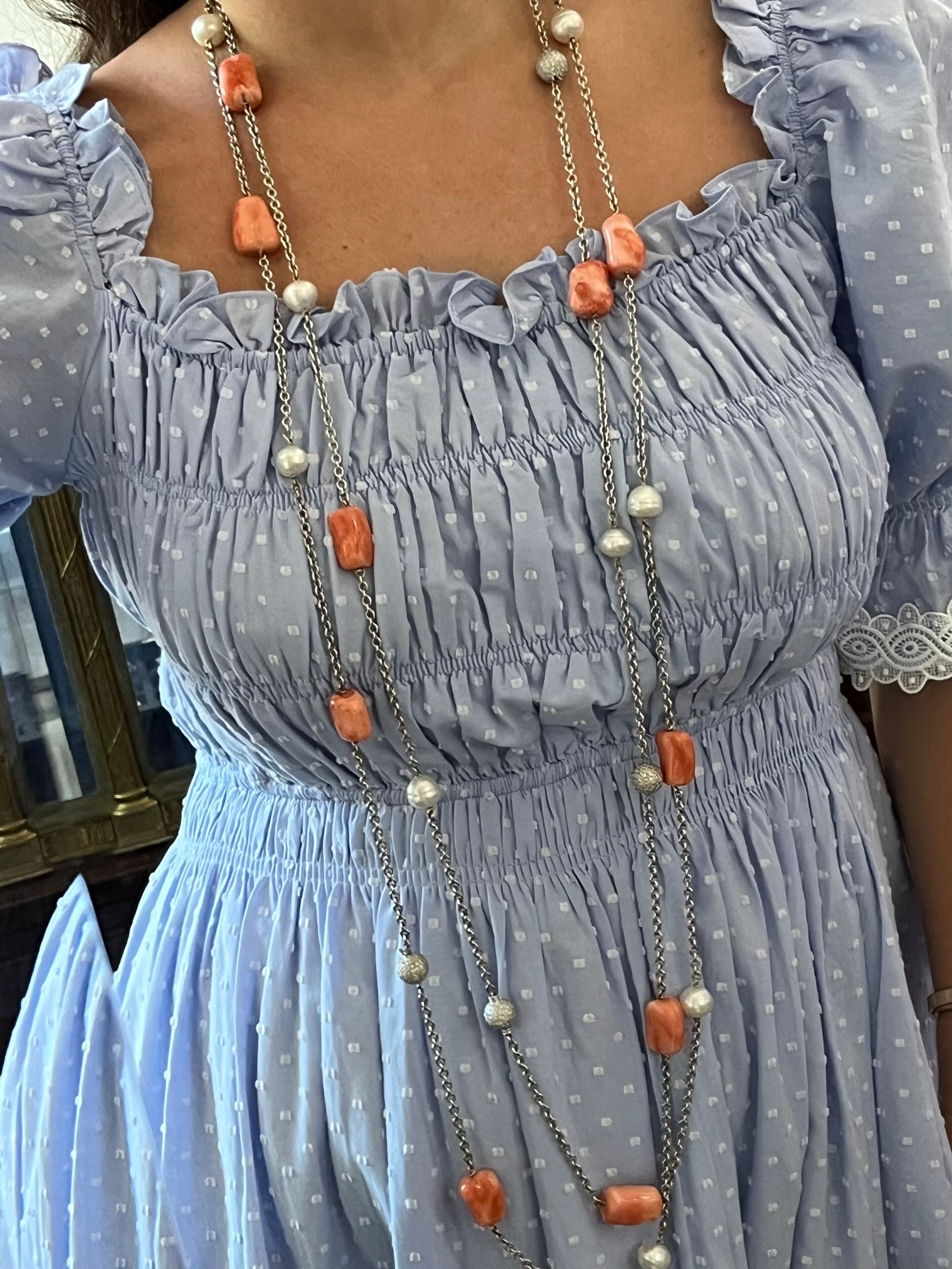 Coral Diamond Pearl Gold Long Station Necklace Set