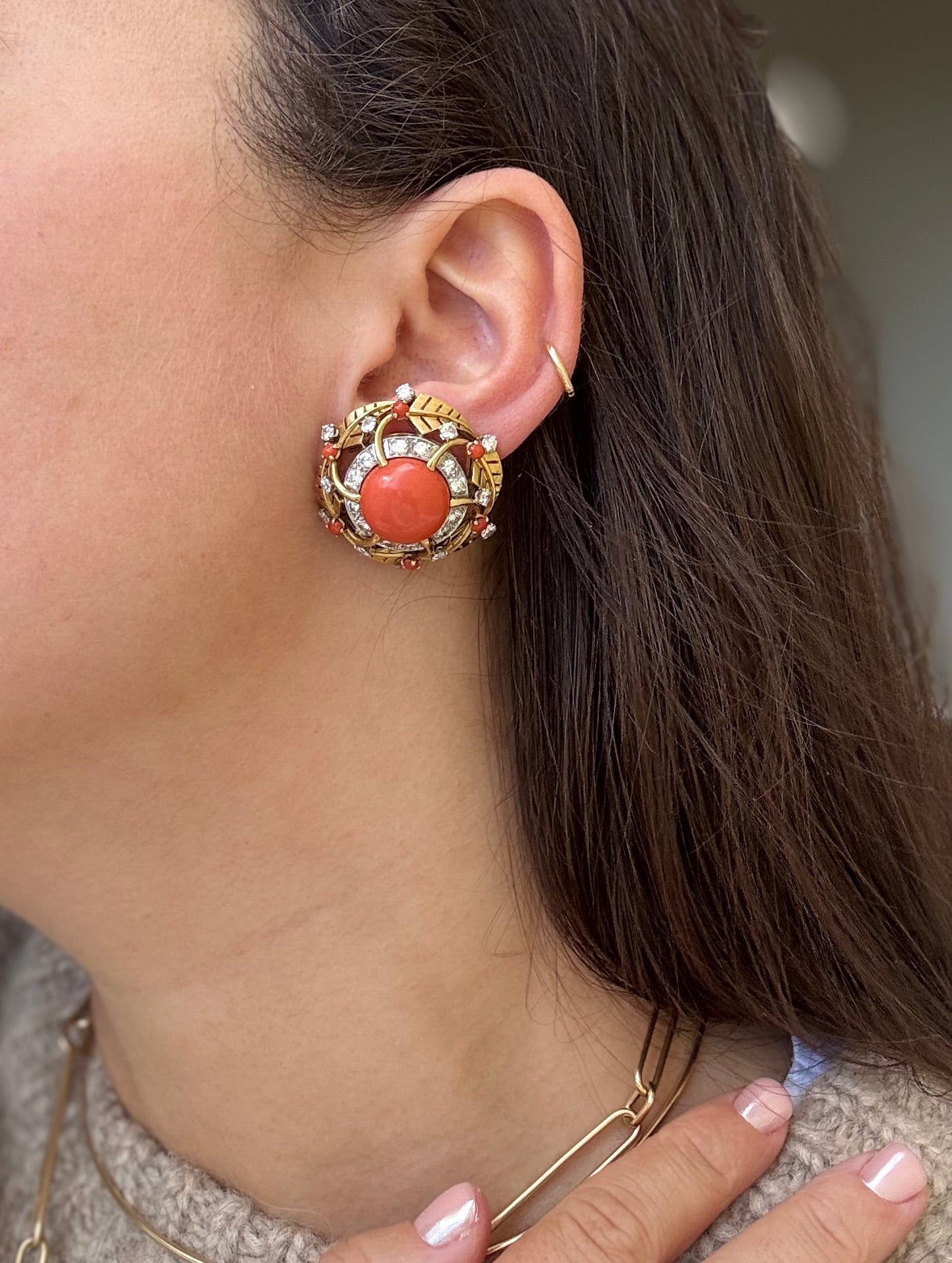 1950s Coral Diamond Gold Earrings