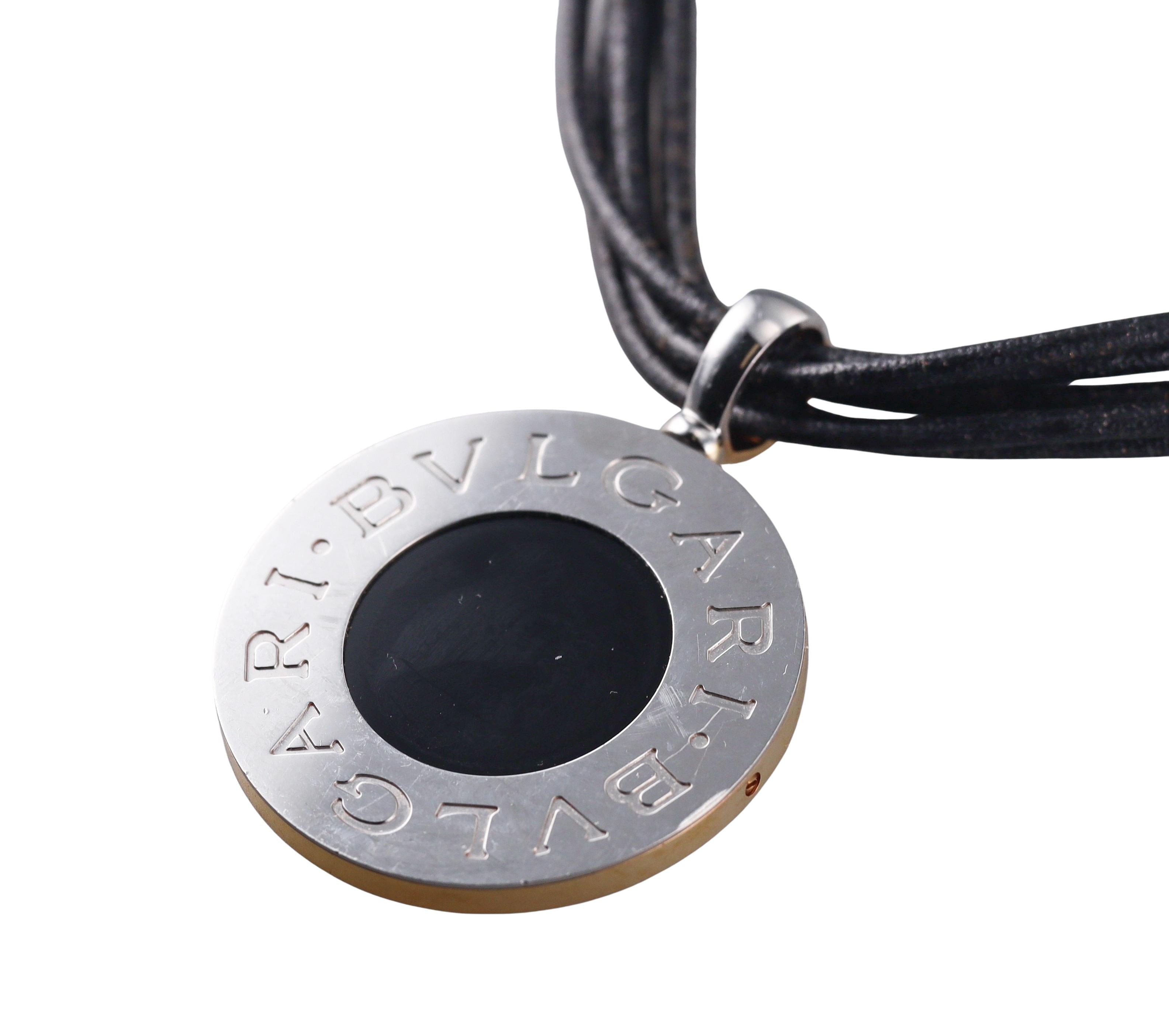 Bulgari Onyx Gold and Steel Pendant Cord Necklace