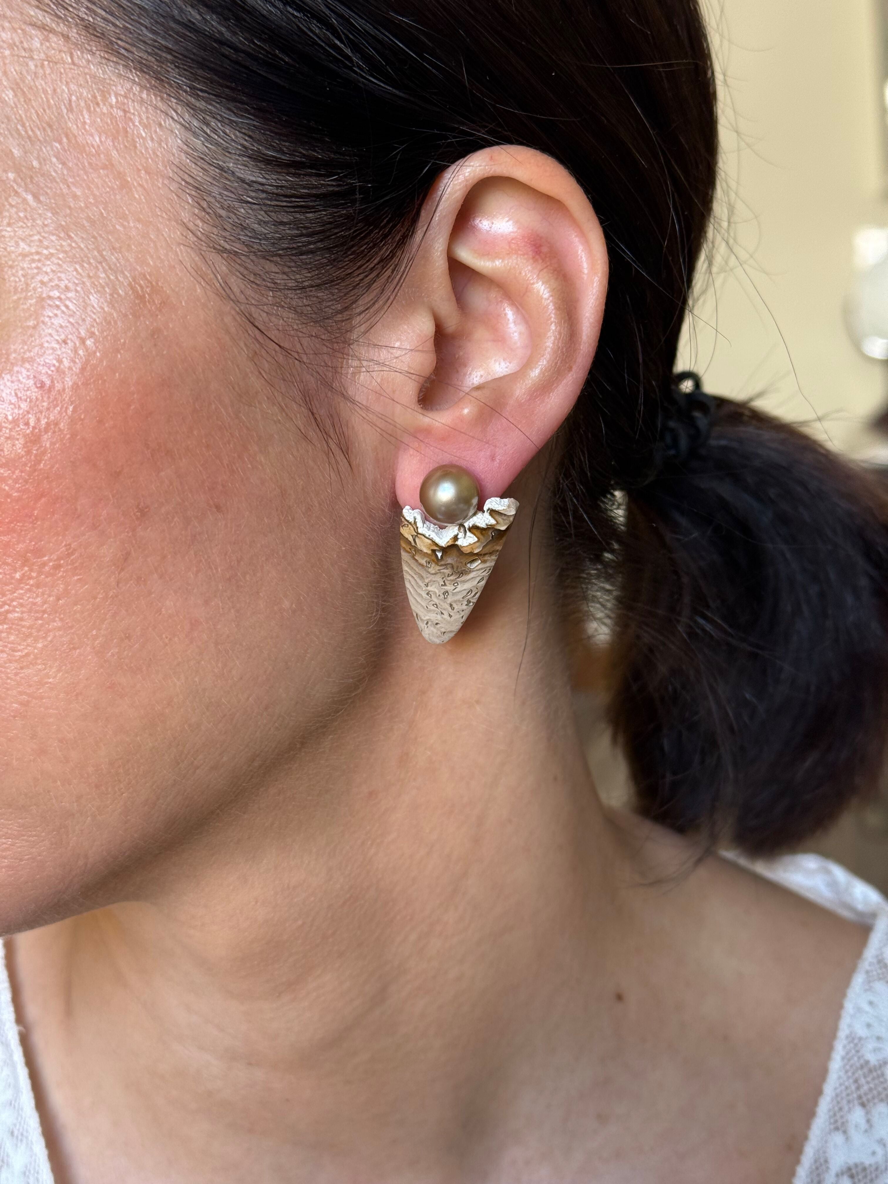 Assael Golden Pearl Petrified Wood Gold Earrings
