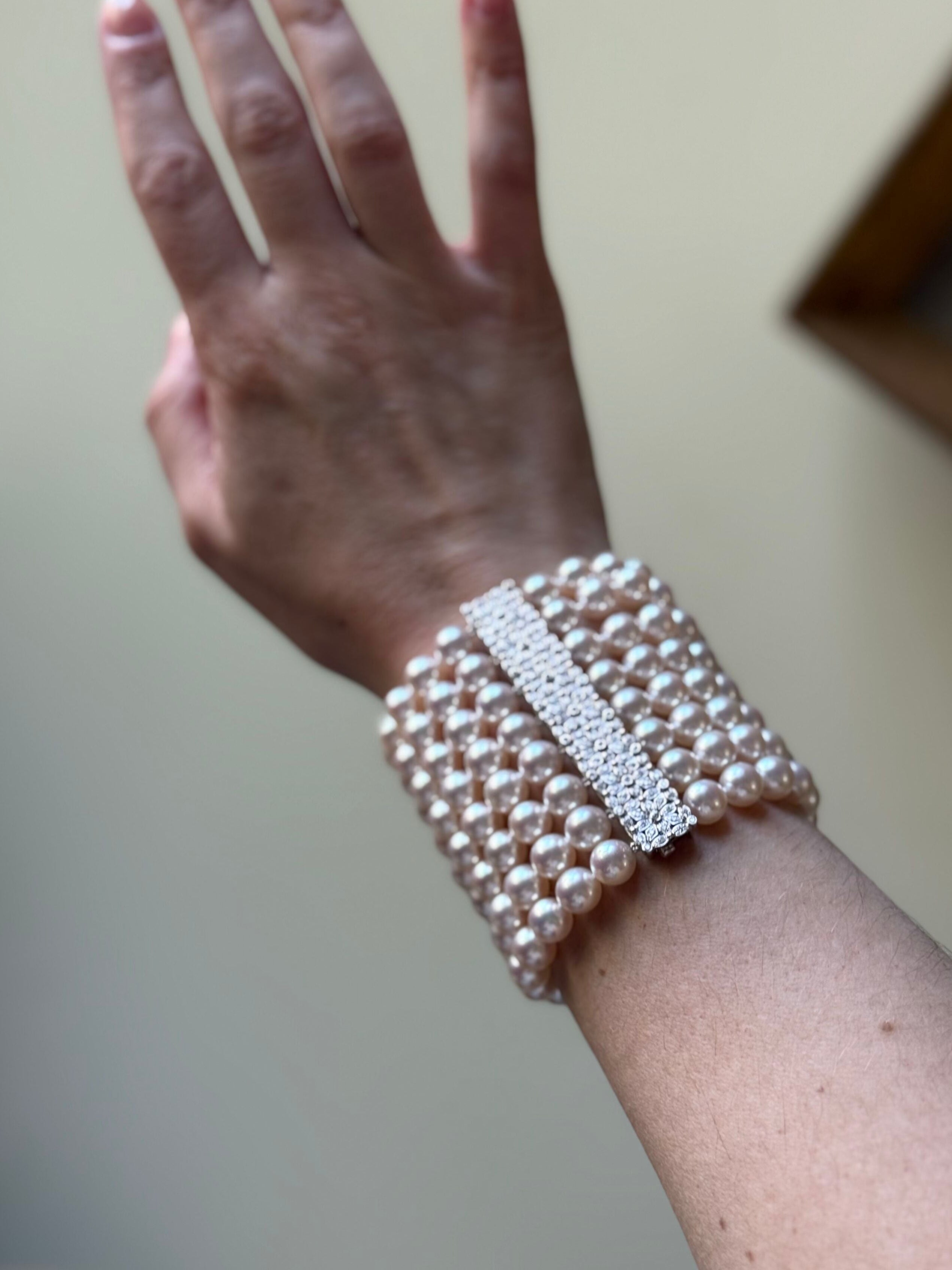 Assael Pearl Diamond Gold Wide Multi Strand Bracelet