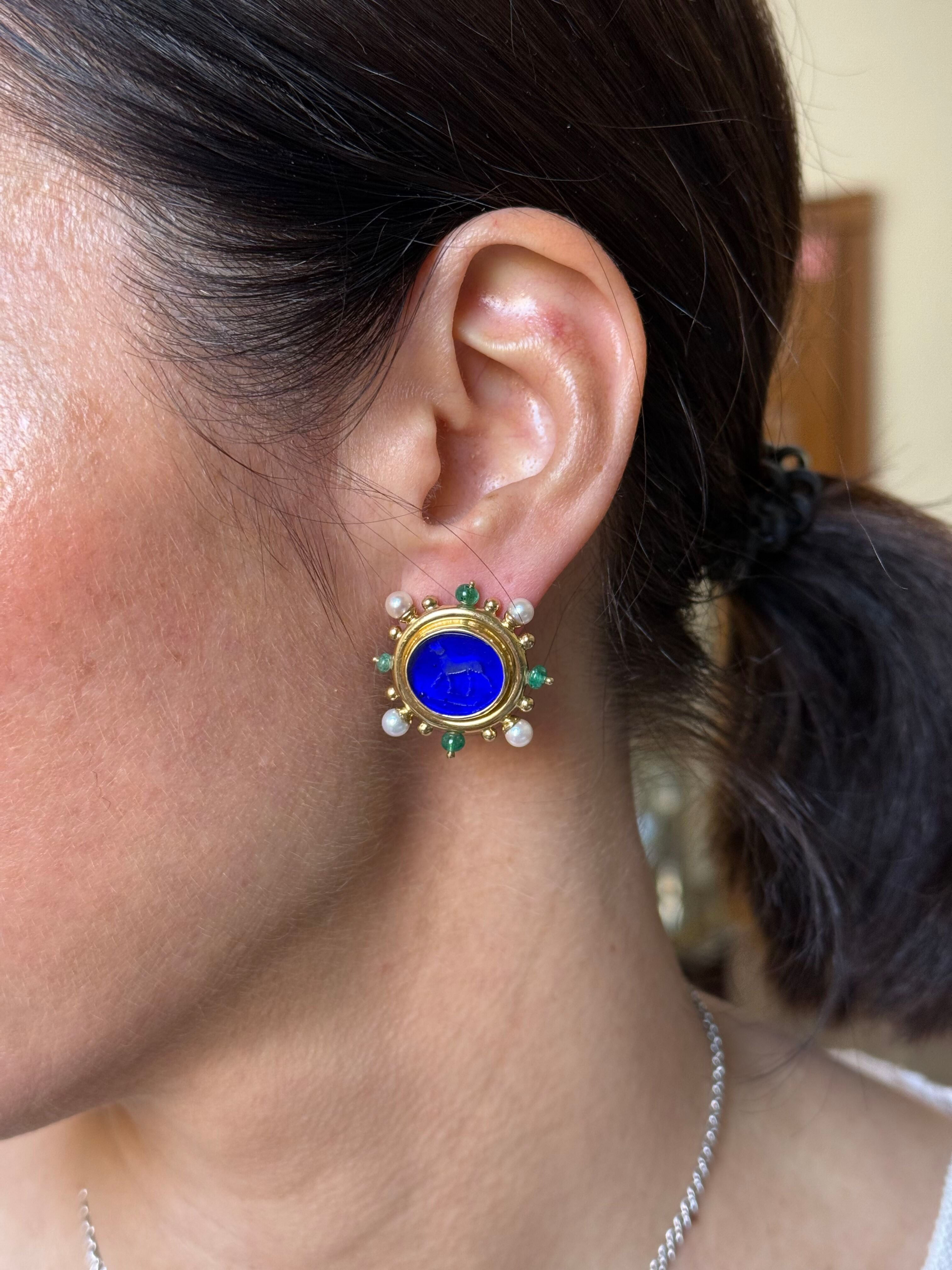 Elizabeth Locke Venetian Glass Intaglio Emerald Pearl Gold Earrings