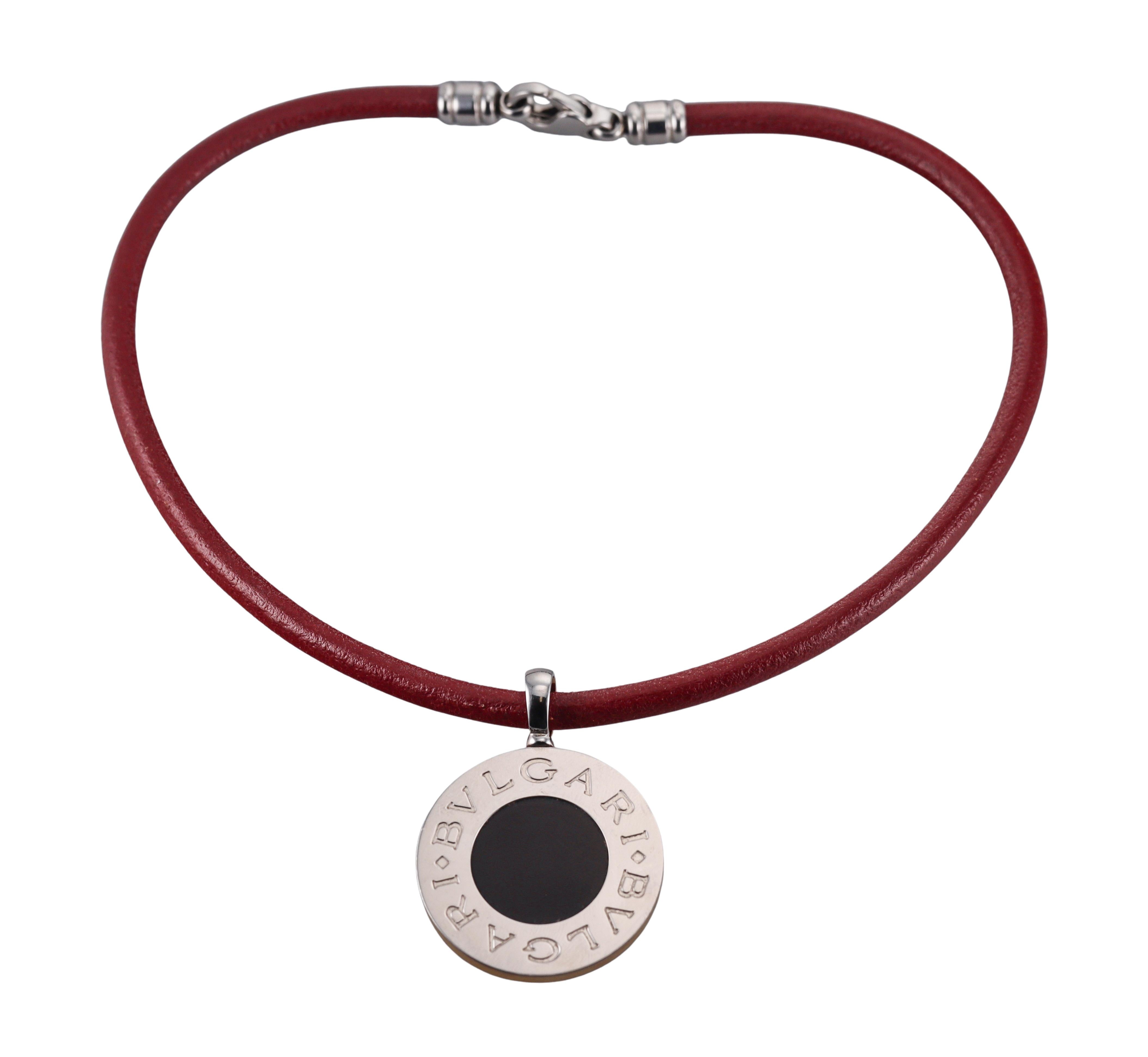 Bulgari Gold Steel Onyx Rhodochrosite Pendant 35mm Cord Necklace