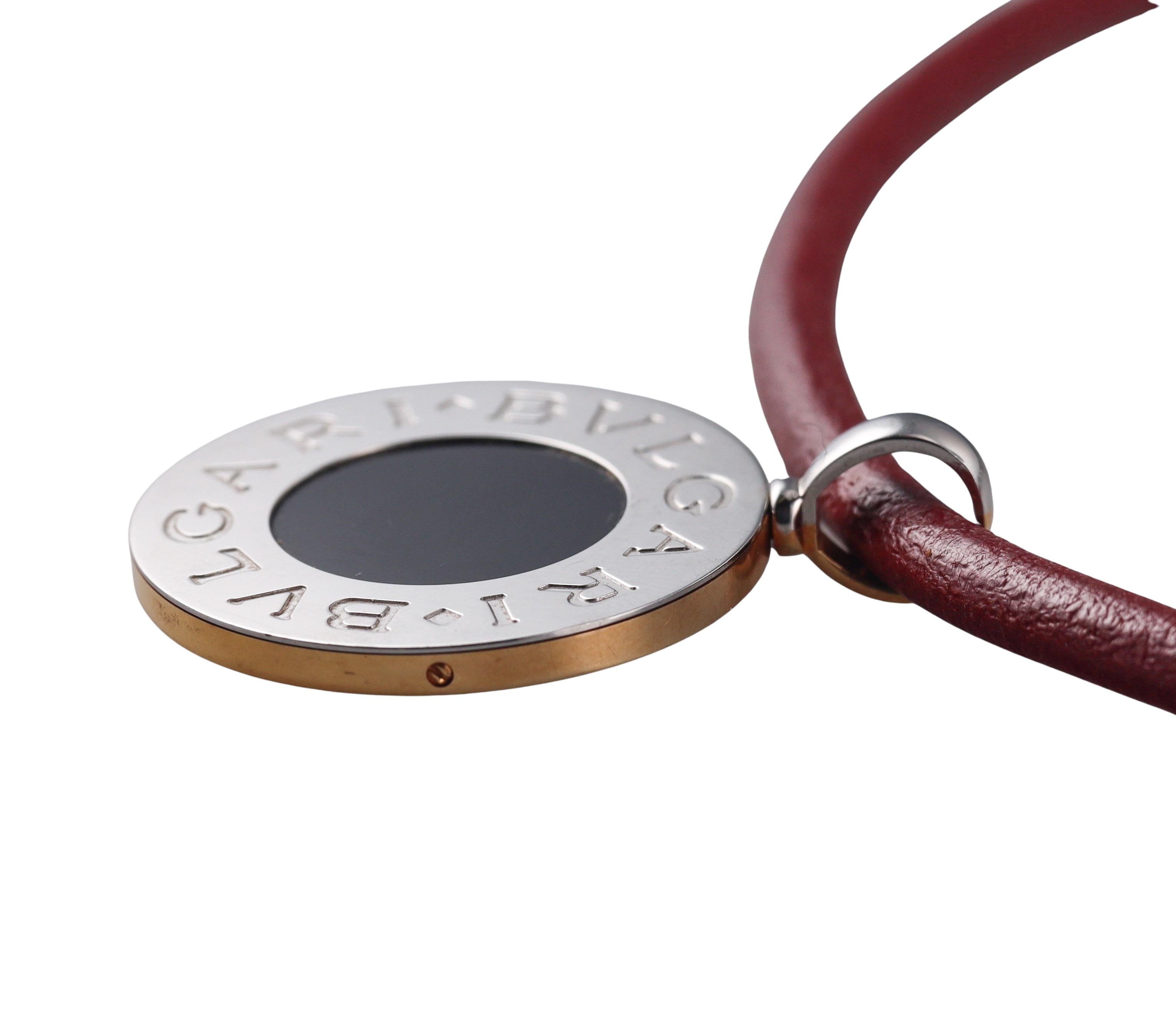 Bulgari Gold Steel Onyx Rhodochrosite Pendant 35mm Cord Necklace