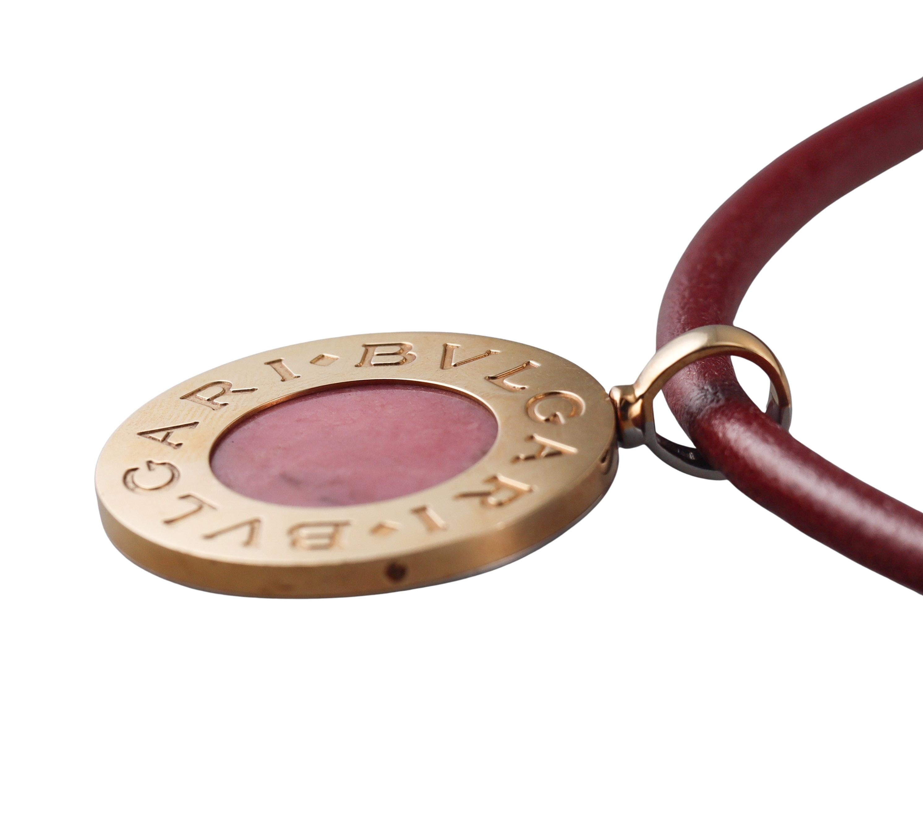 Bulgari Gold Steel Onyx Rhodochrosite Pendant 35mm Cord Necklace