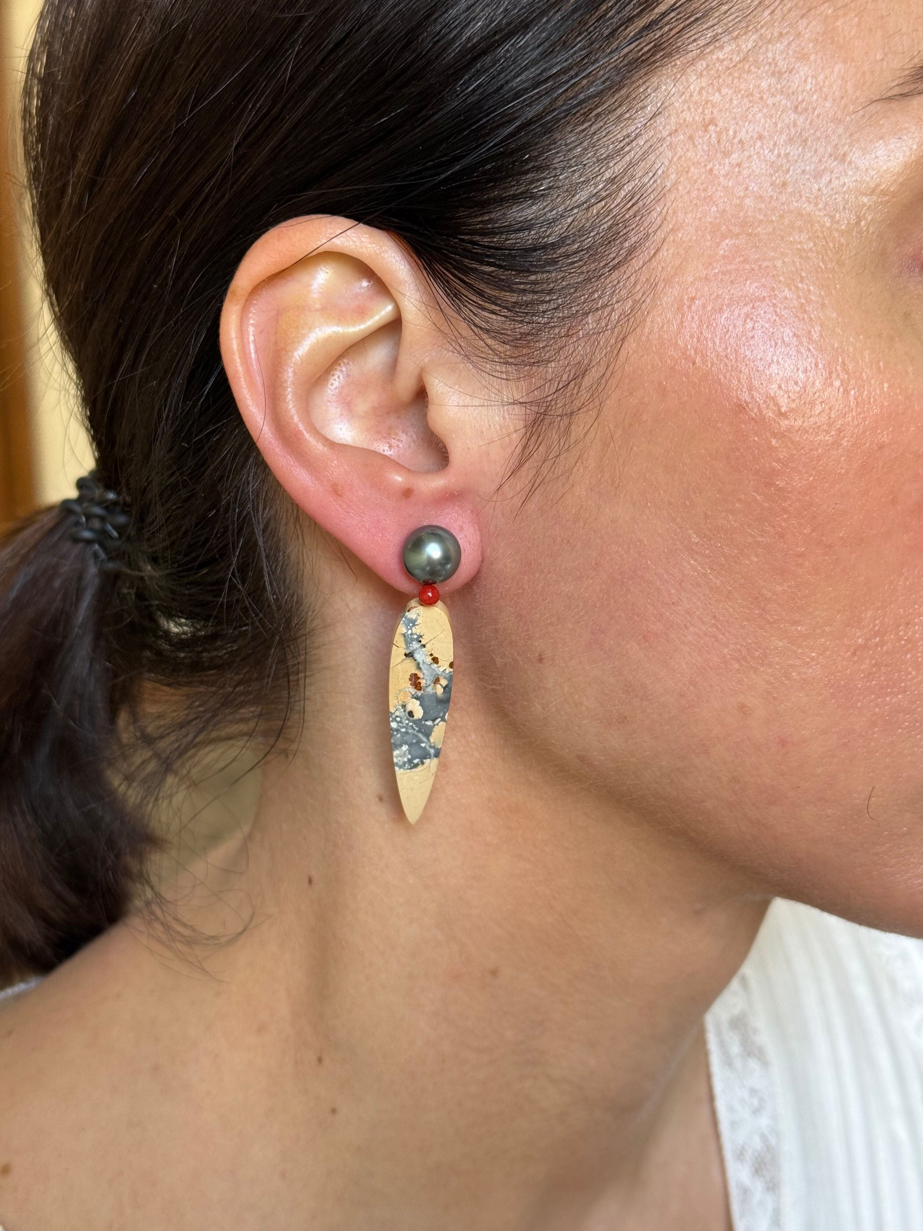 Assael Tahitian Pearl Coral Maligano Jasper Gold Earrings