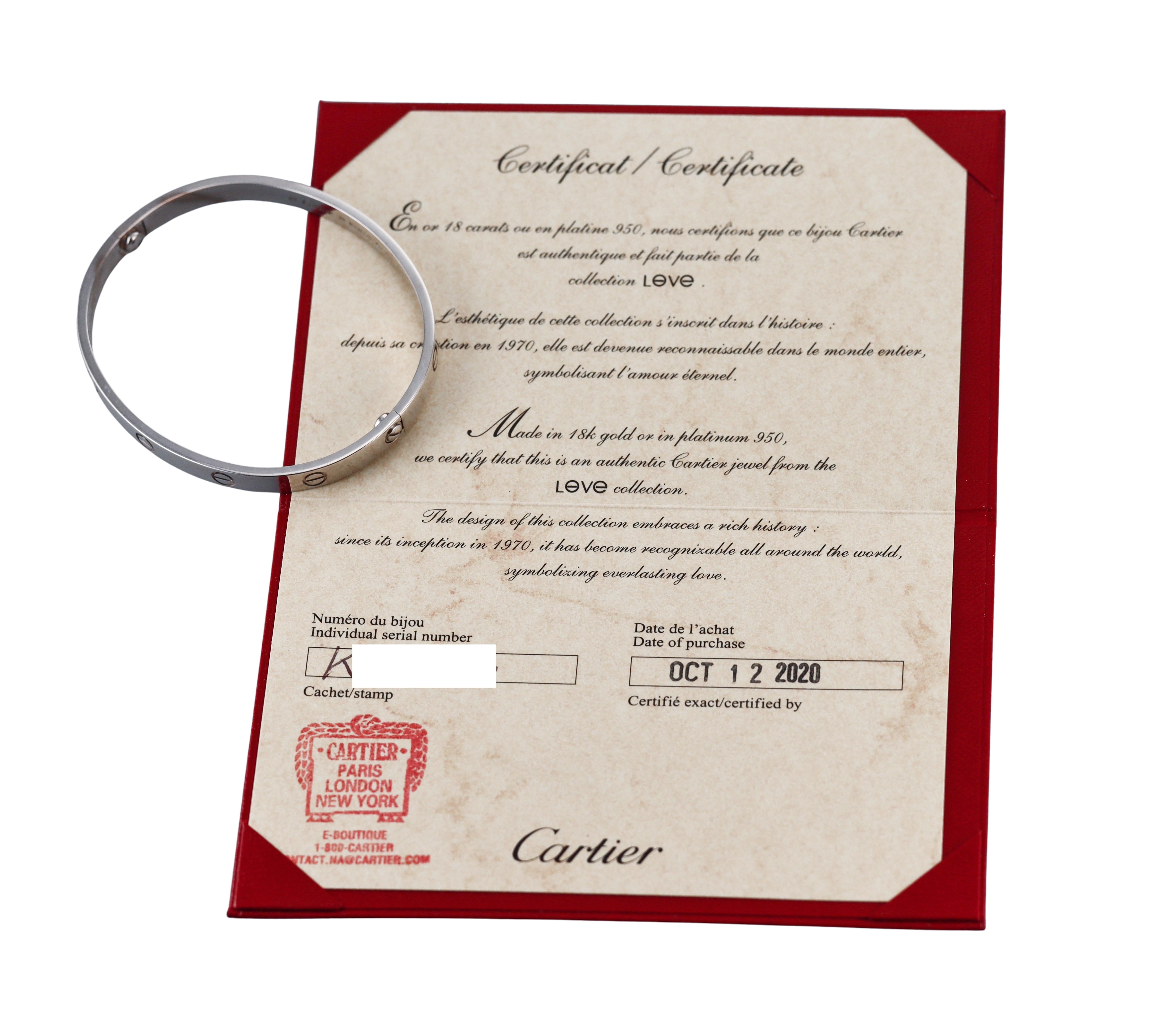 Cartier Love White Gold Classic Model Bracelet Size 19