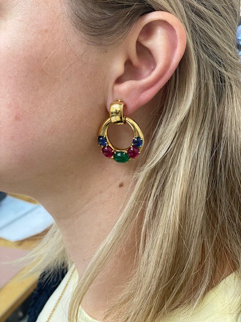 Seaman Schepps Ruby Emerald Sapphire Gold Doorknocker Earrings