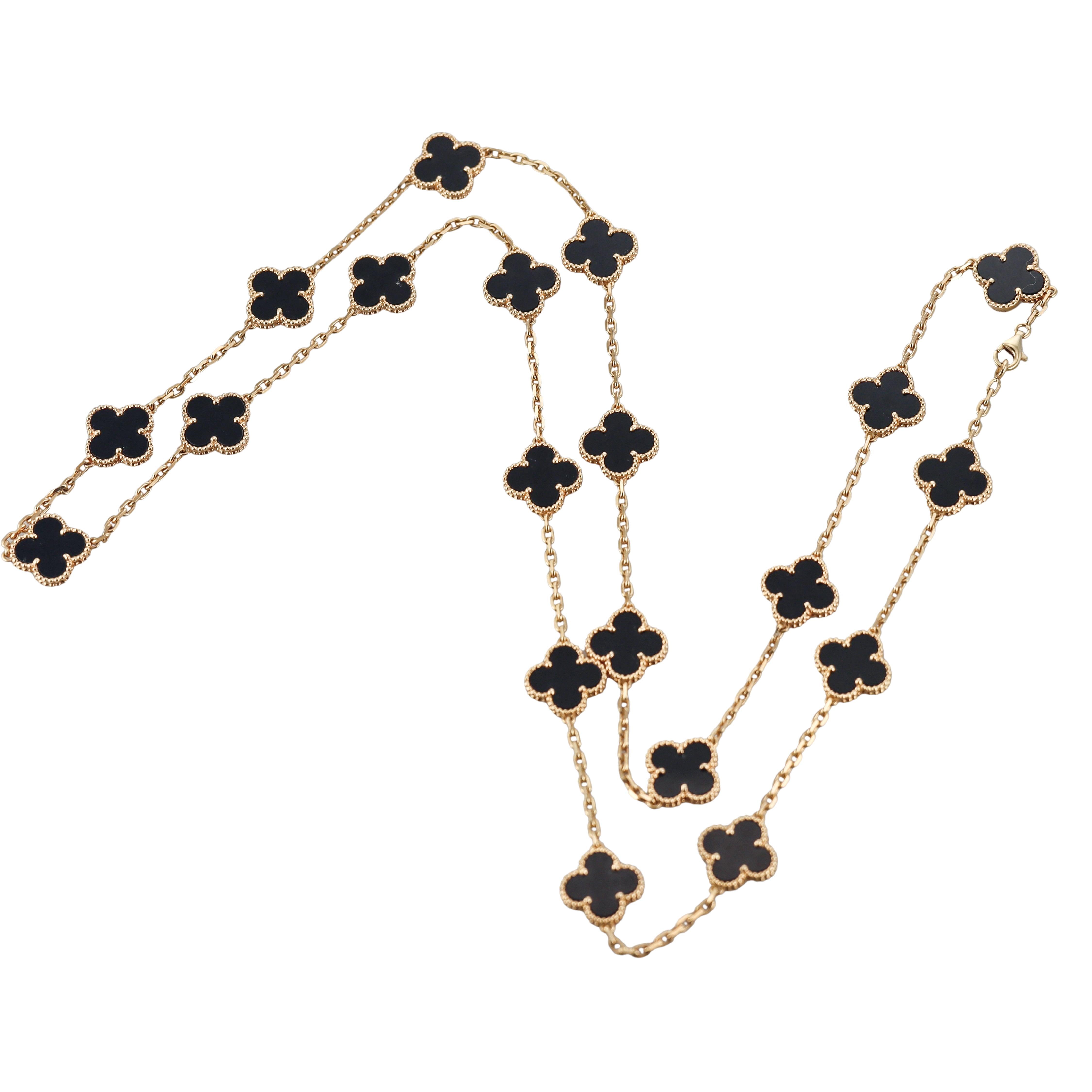 Van Cleef & Arpels Vintage Alhambra 20 Motif Onyx Gold Long Necklace