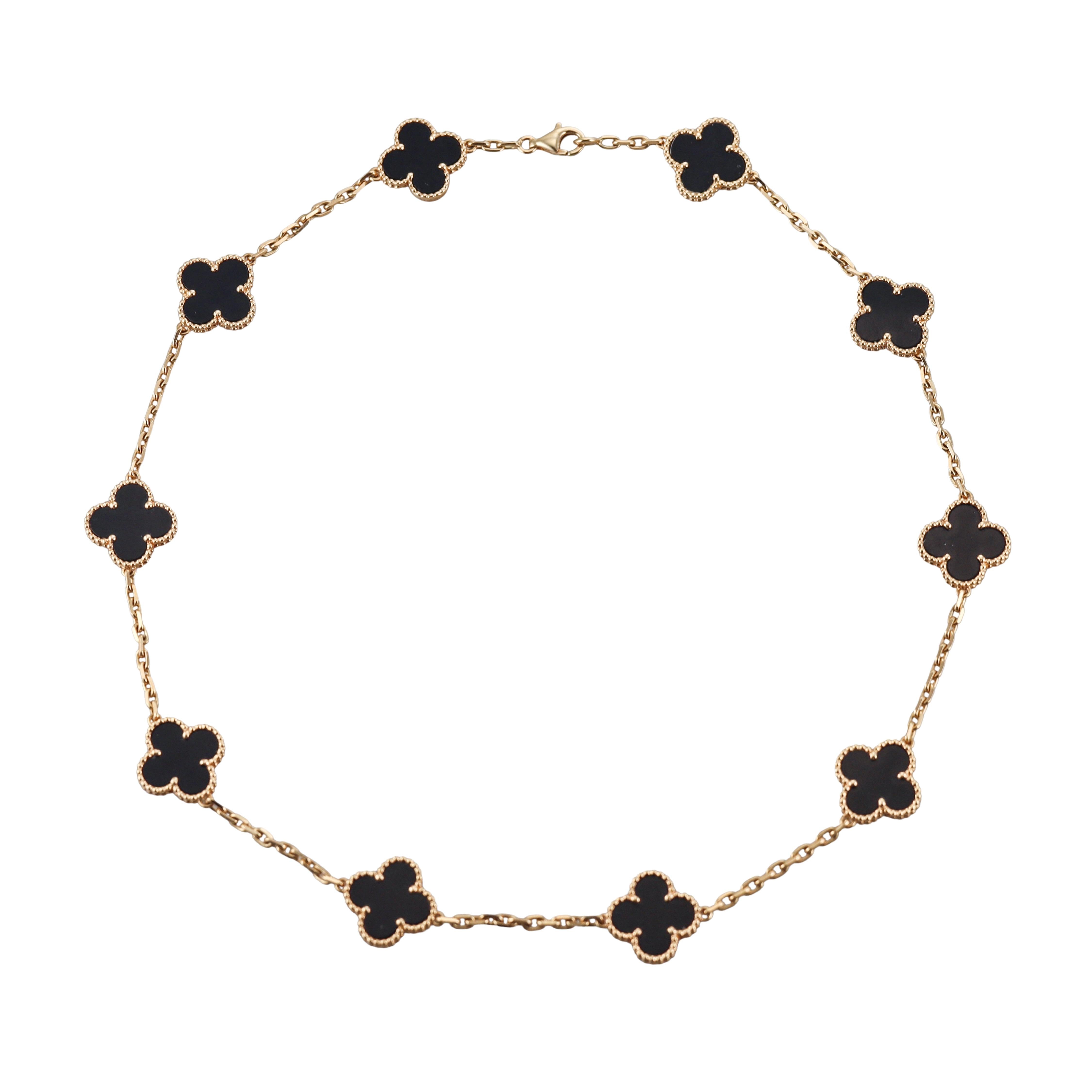 Van Cleef & Arpels Vintage Alhambra Onyx 10 Motif Gold Necklace