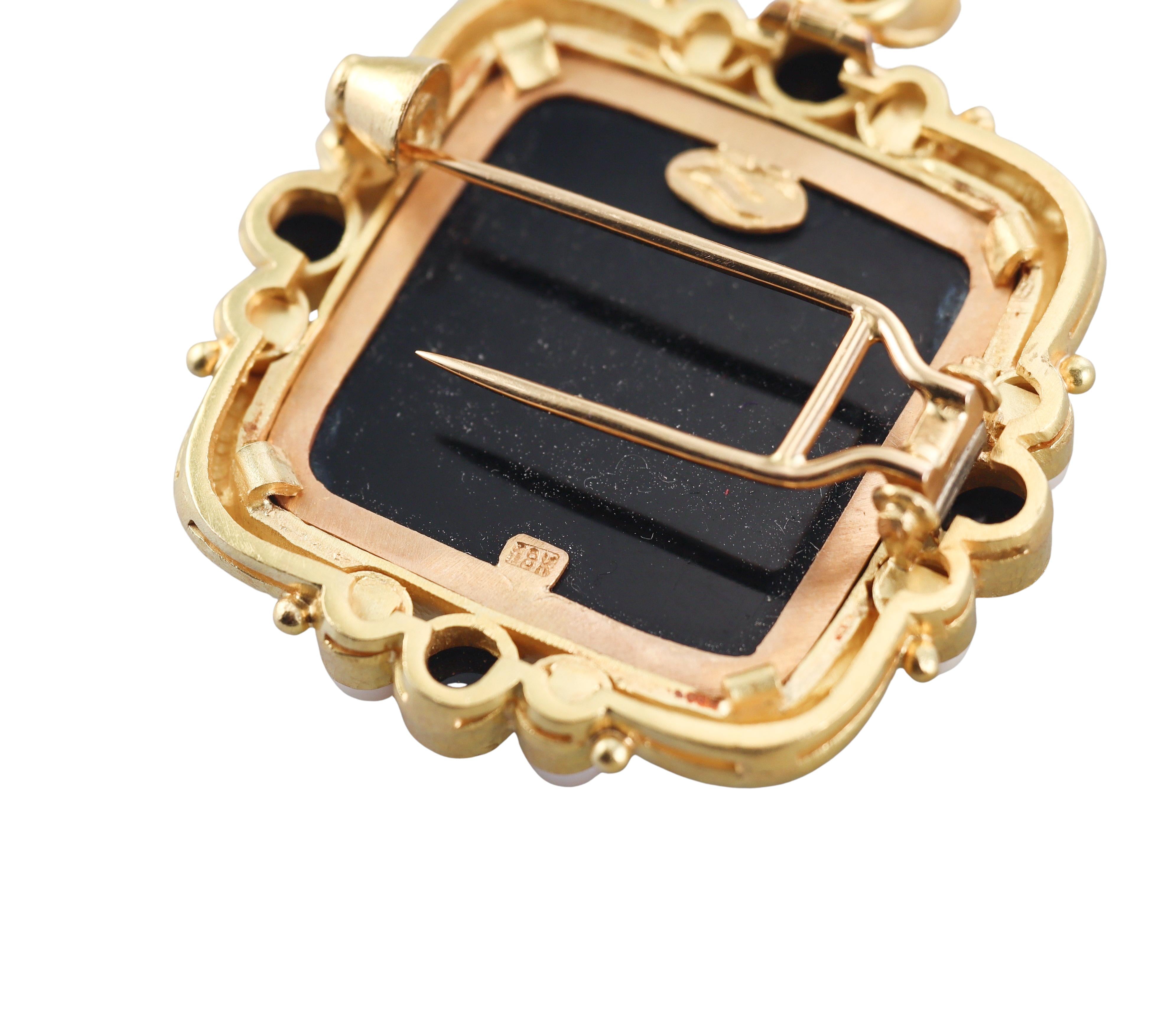 Elizabeth Locke Onyx Intaglio Pearl Pendant Brooch