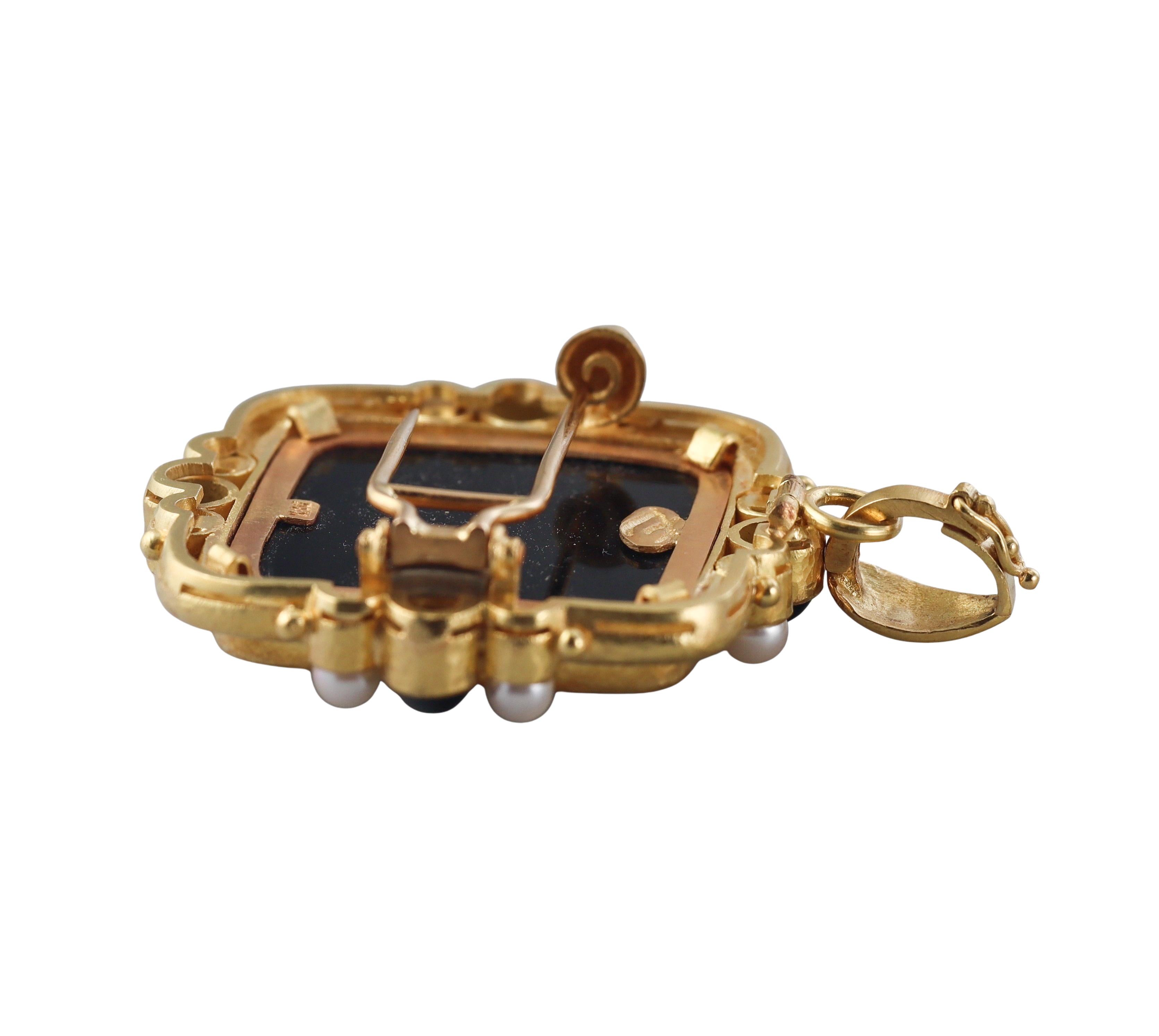 Elizabeth Locke Onyx Intaglio Pearl Pendant Brooch