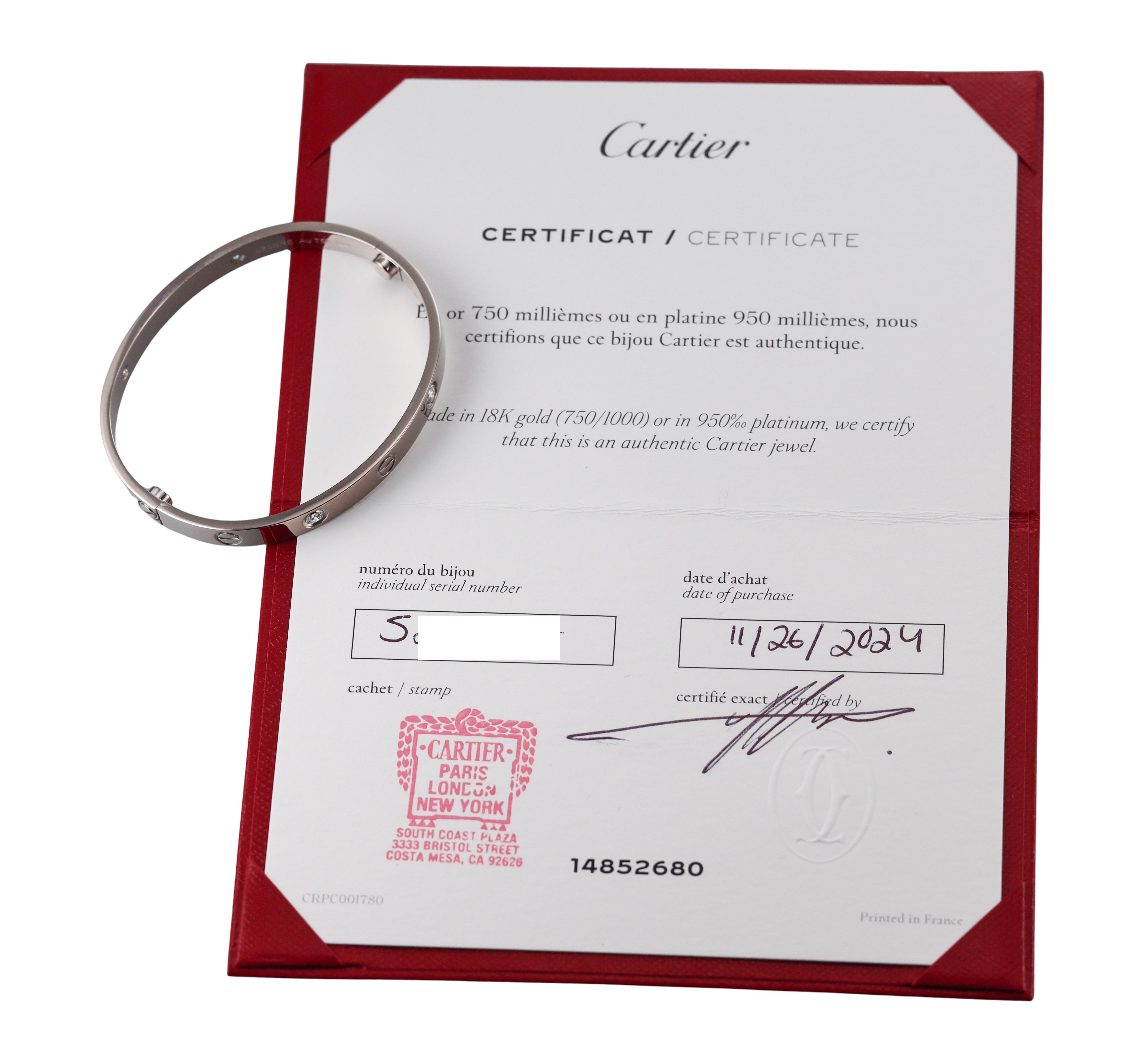 Cartier Love White Gold 4 Diamond Classic Model Bracelet Size 17