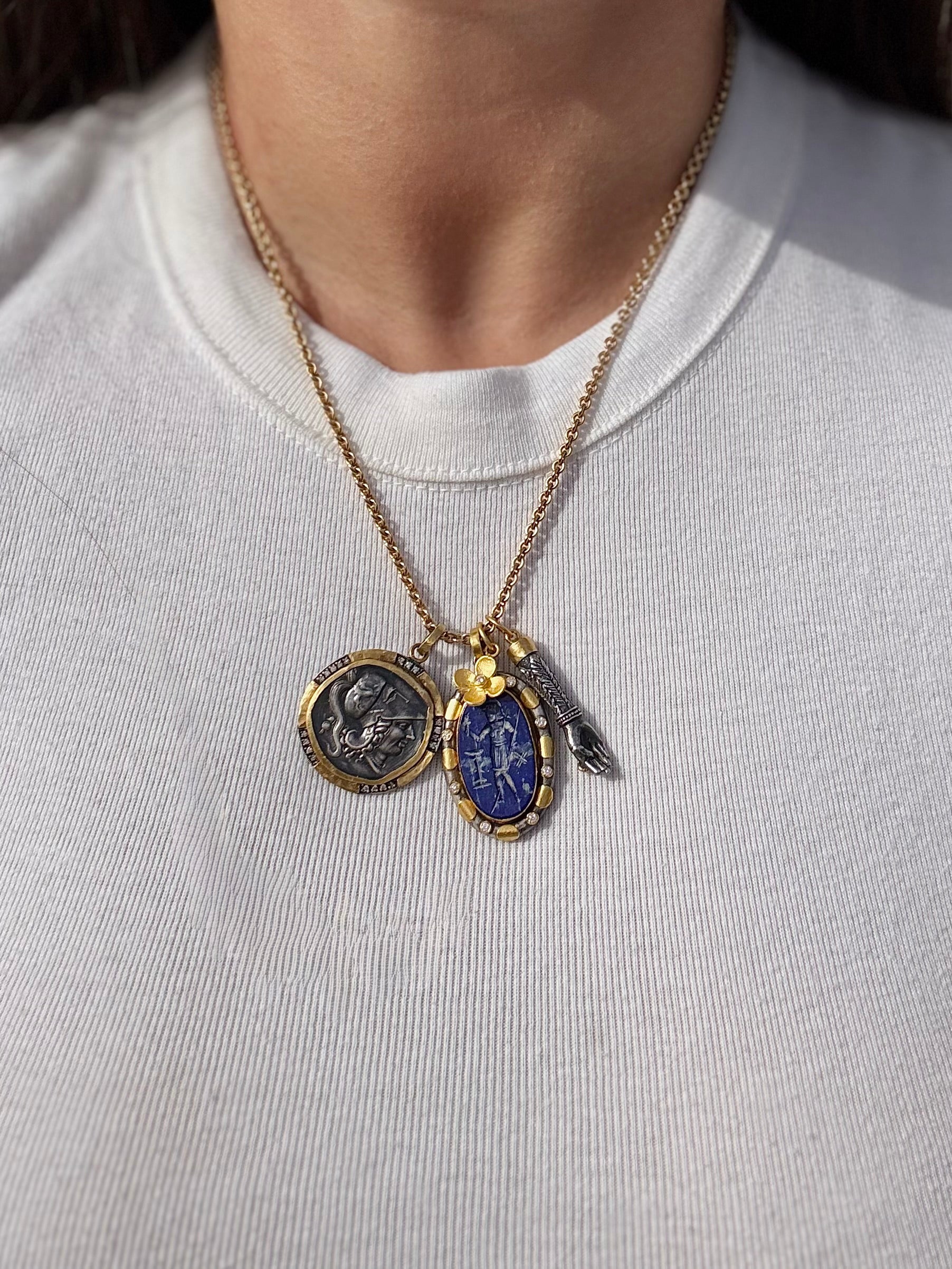 Ancient Inspired Gold Silver Diamond Mother of Pearl Athena's Owl Pendant