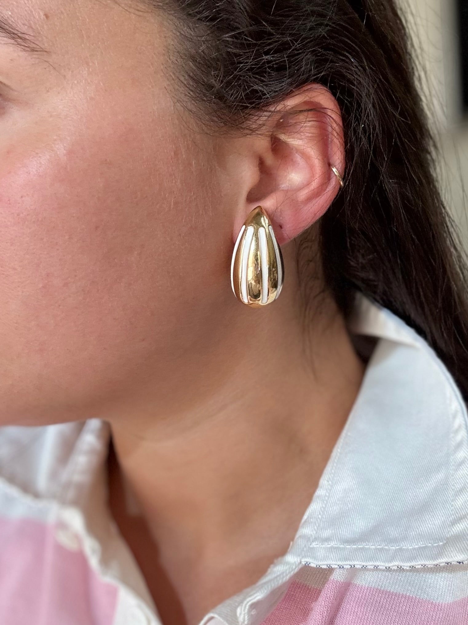 Yellow Gold White Stripe Enamel Large Teardrop Earrings