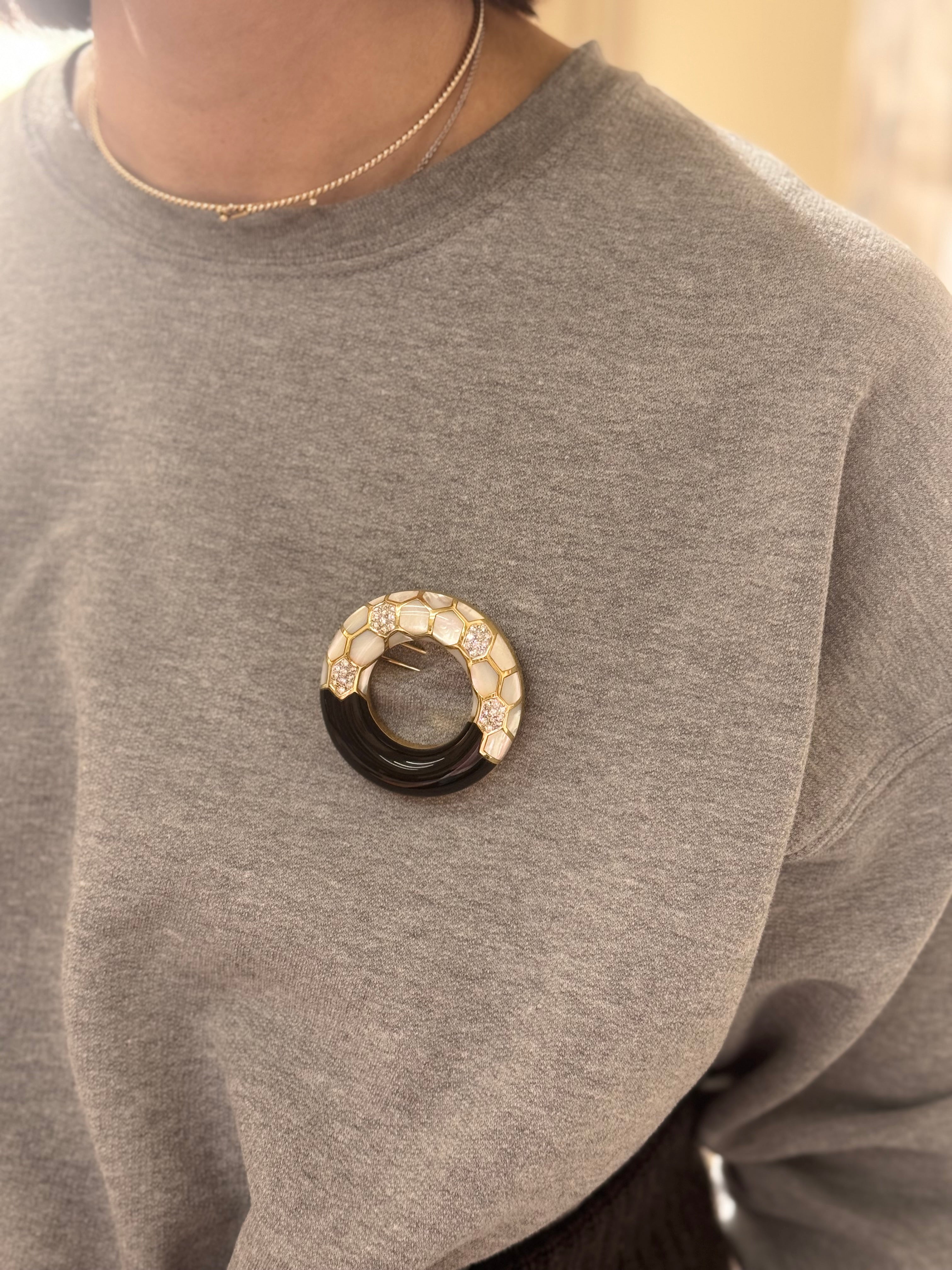 1980s Mother of Pearl Onyx Diamond Honeycomb Gold Brooch
