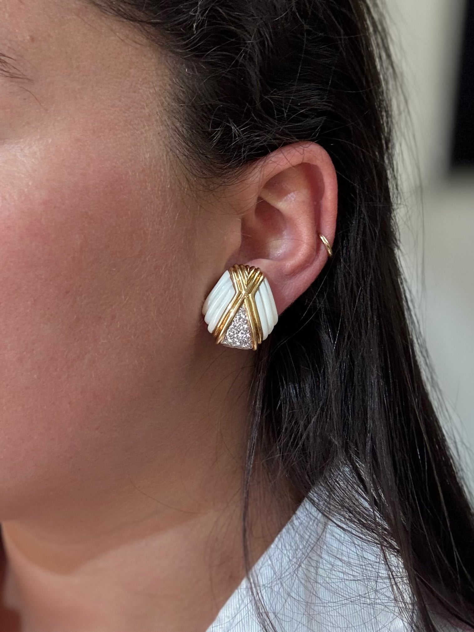 1980s White Coral Diamond Gold Earrings
