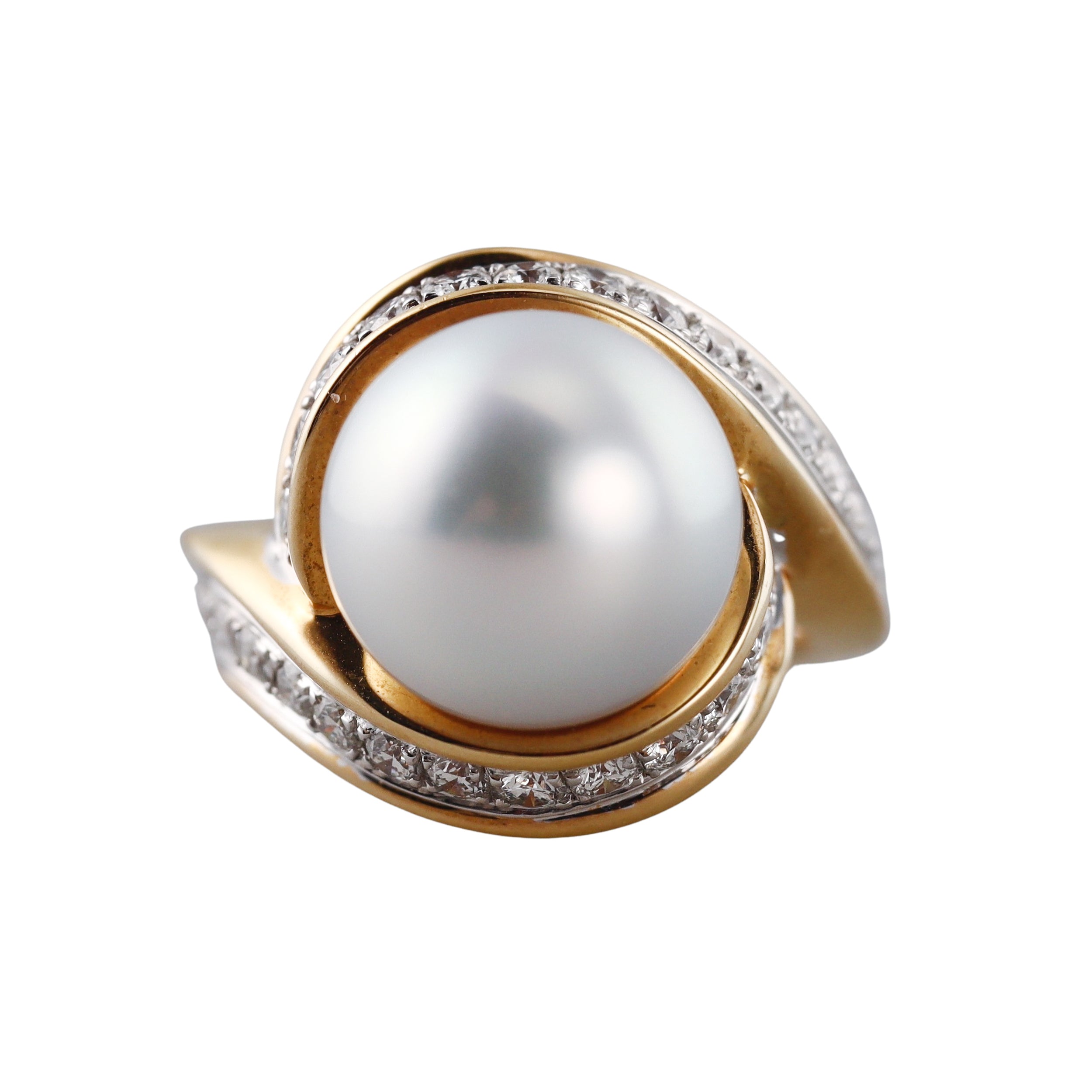 Assael Angela Cummings South Sea Pearl Diamond Scroll Gold Ring