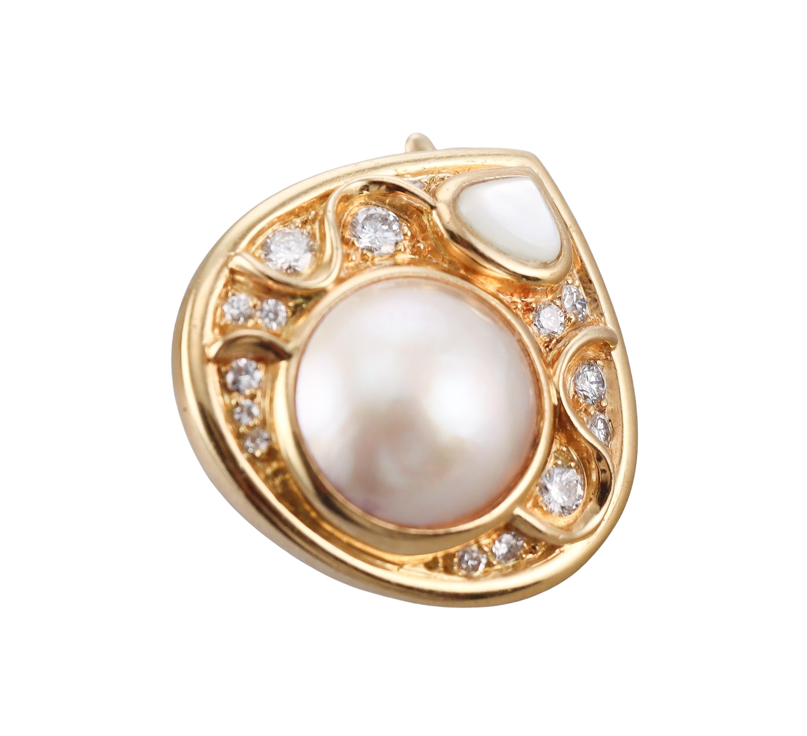 Vintage Marina B. France Pearl Diamond Gold Earrings