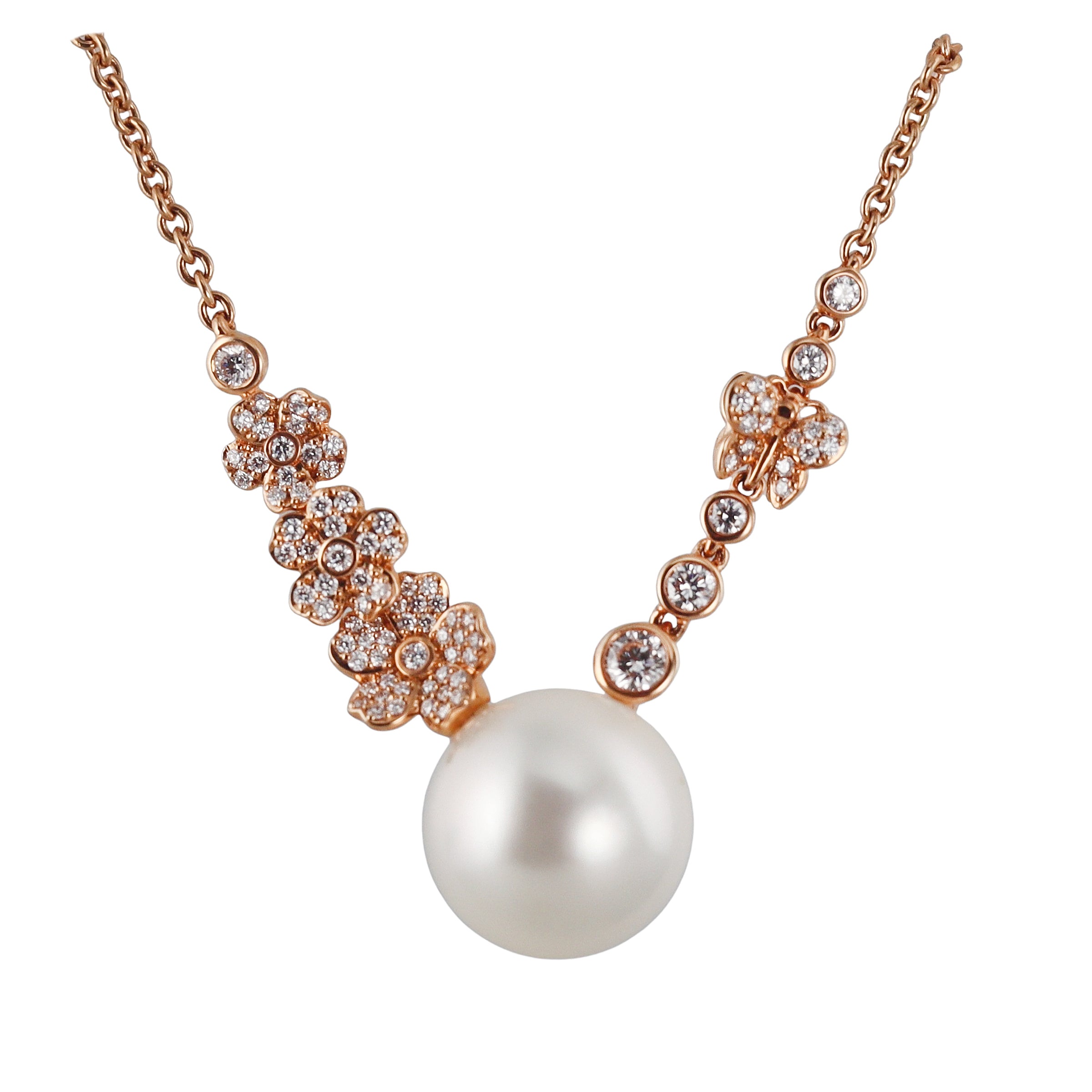 Mikimoto Cherry Blossom Rose Gold South Sea Pearl Diamond Necklace