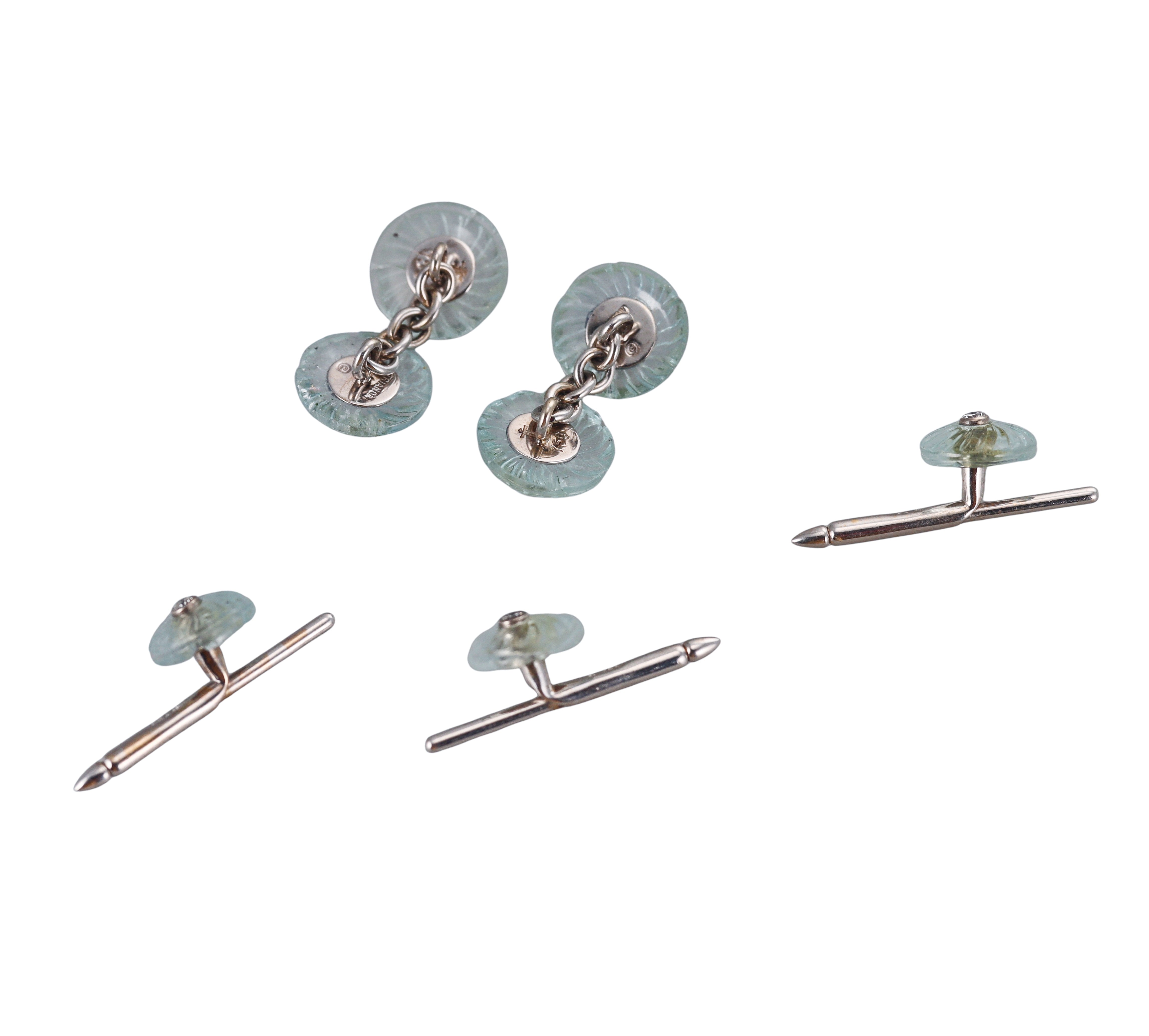 Trianon Carved Aquamarine Diamond Cufflinks Stud Dress Set