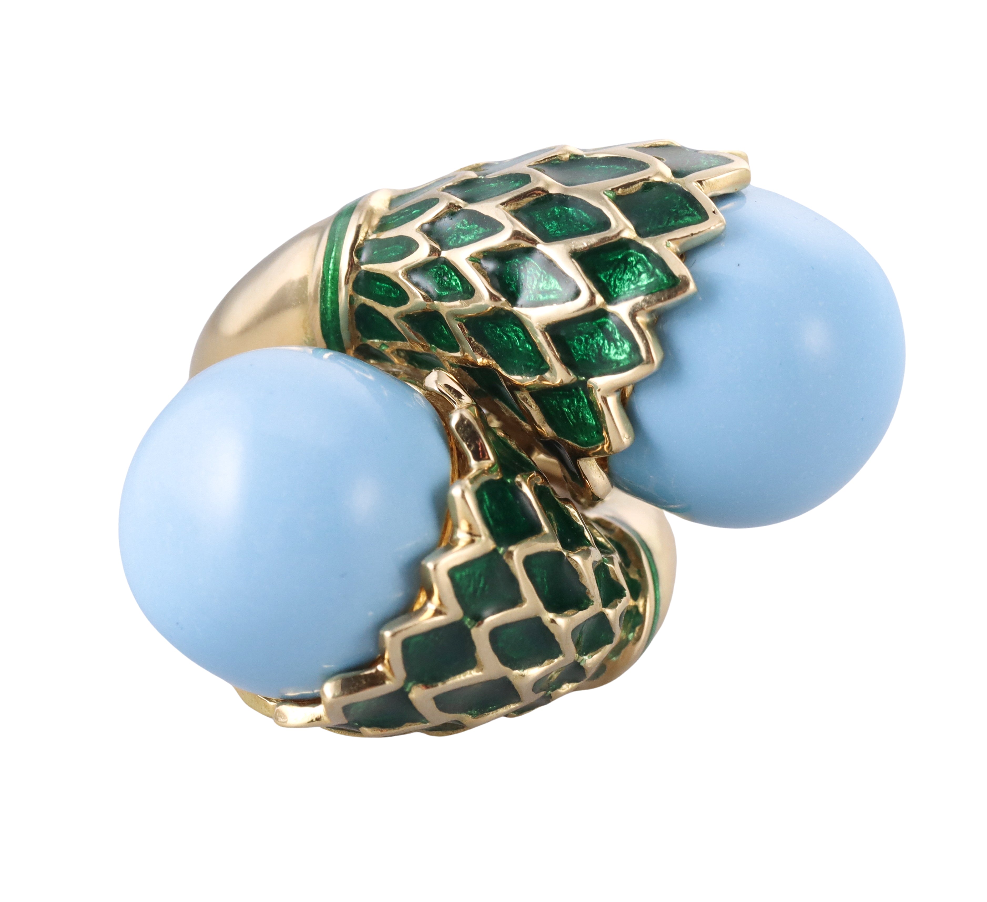David Webb Turquoise Enamel Gold Bypass Ring