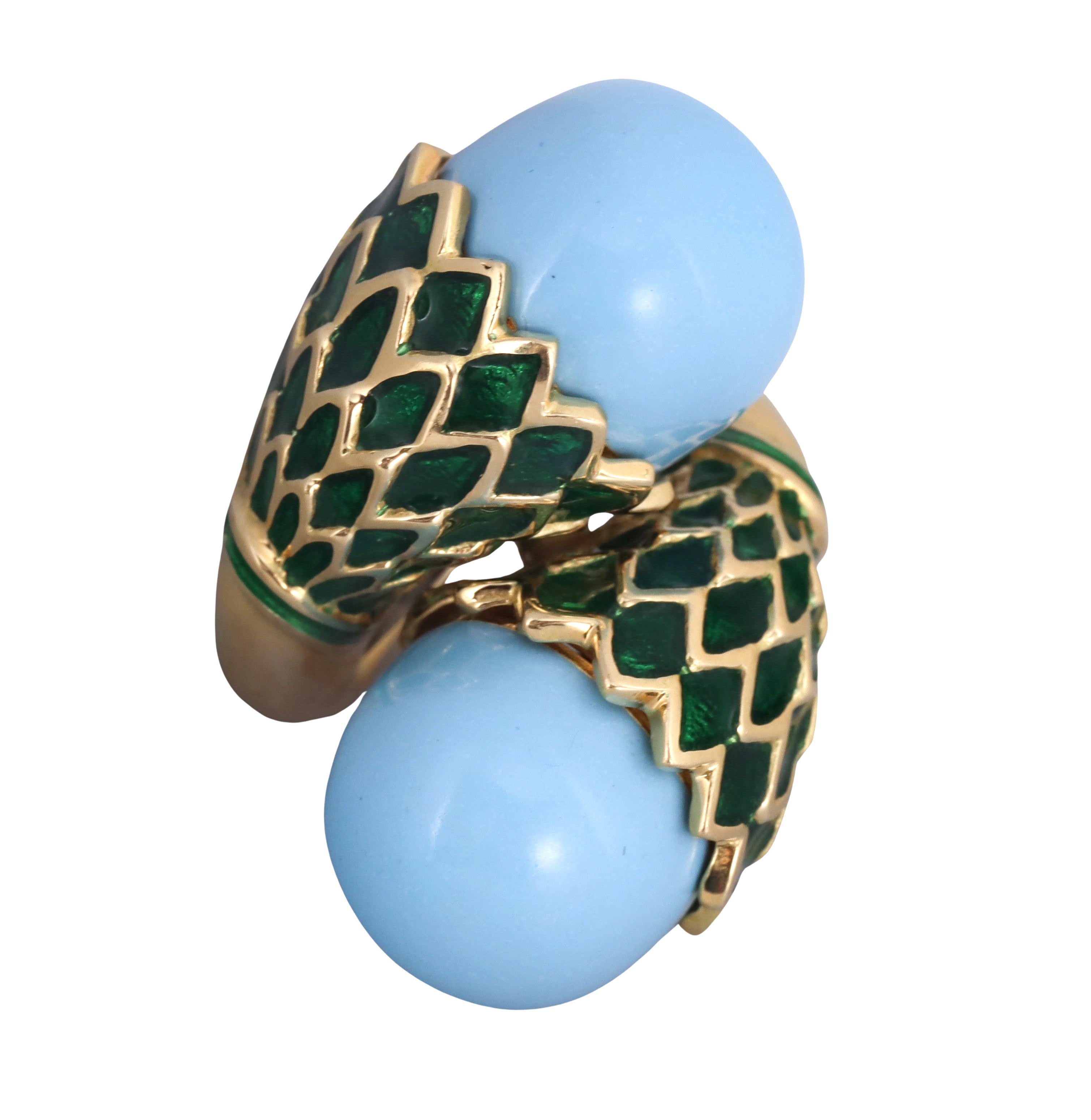 David Webb Turquoise Enamel Gold Bypass Ring