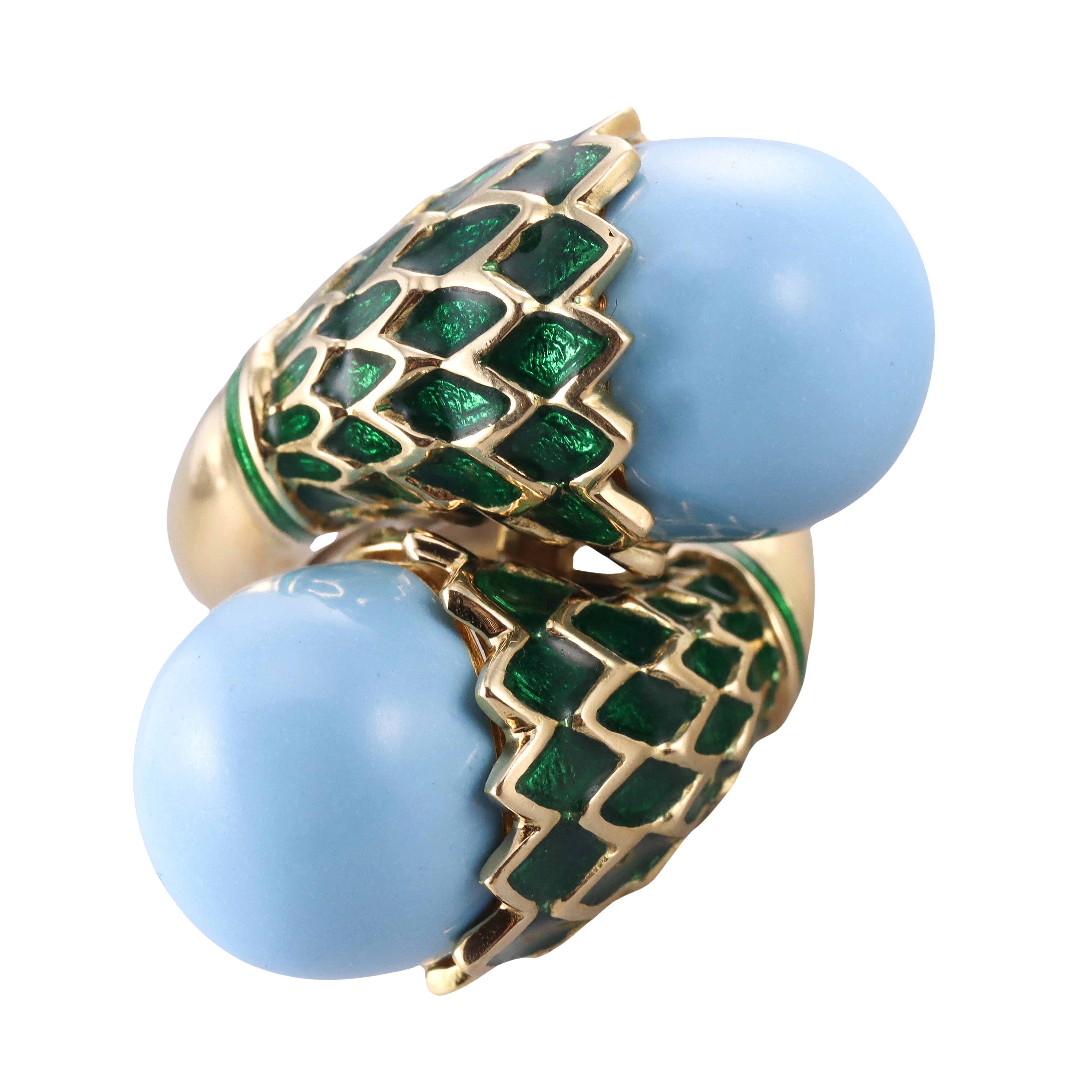 David Webb Turquoise Enamel Gold Bypass Ring