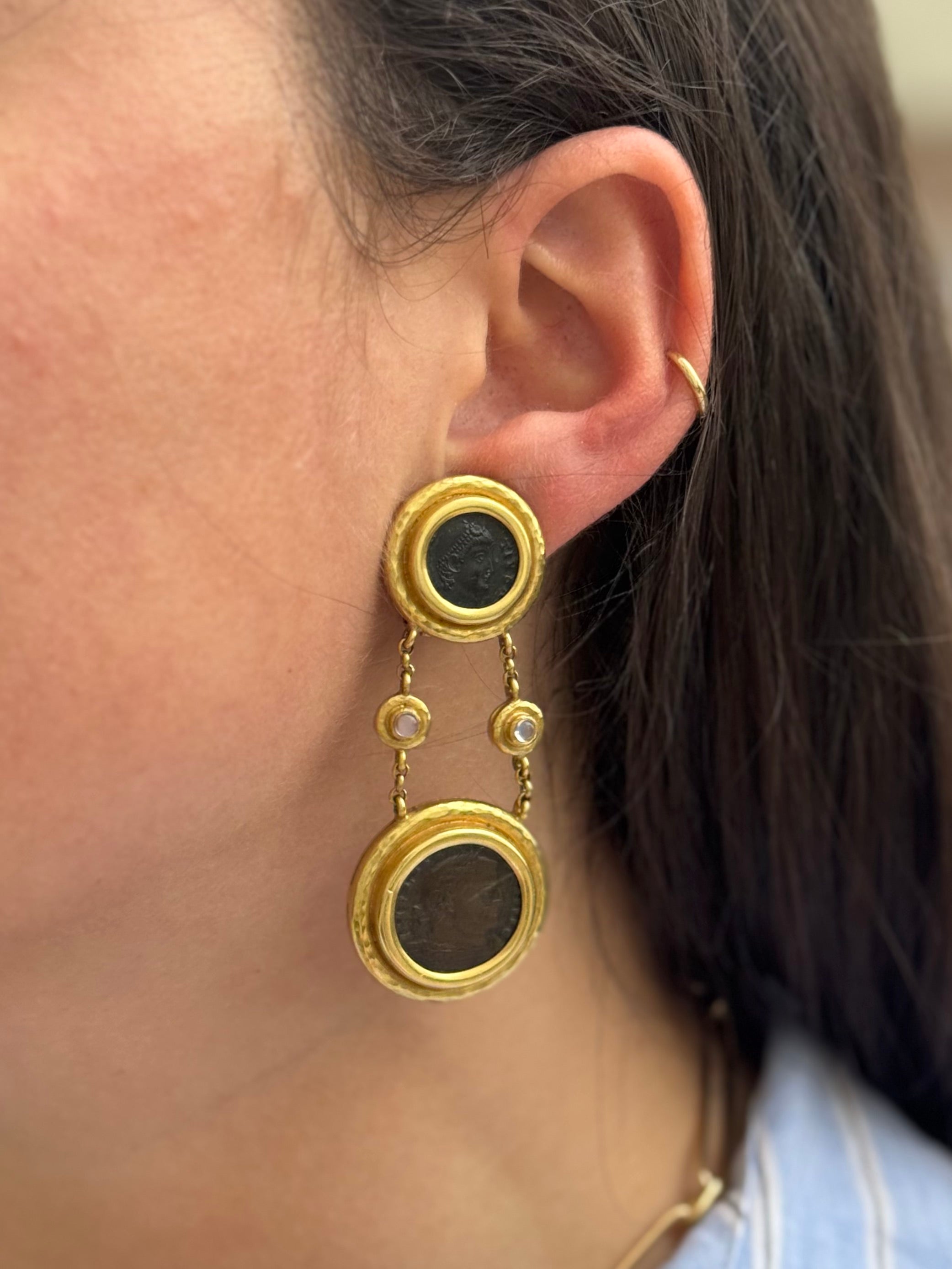 Elizabeth Locke Ancient Coin Moonstone Gold Drop Earrings