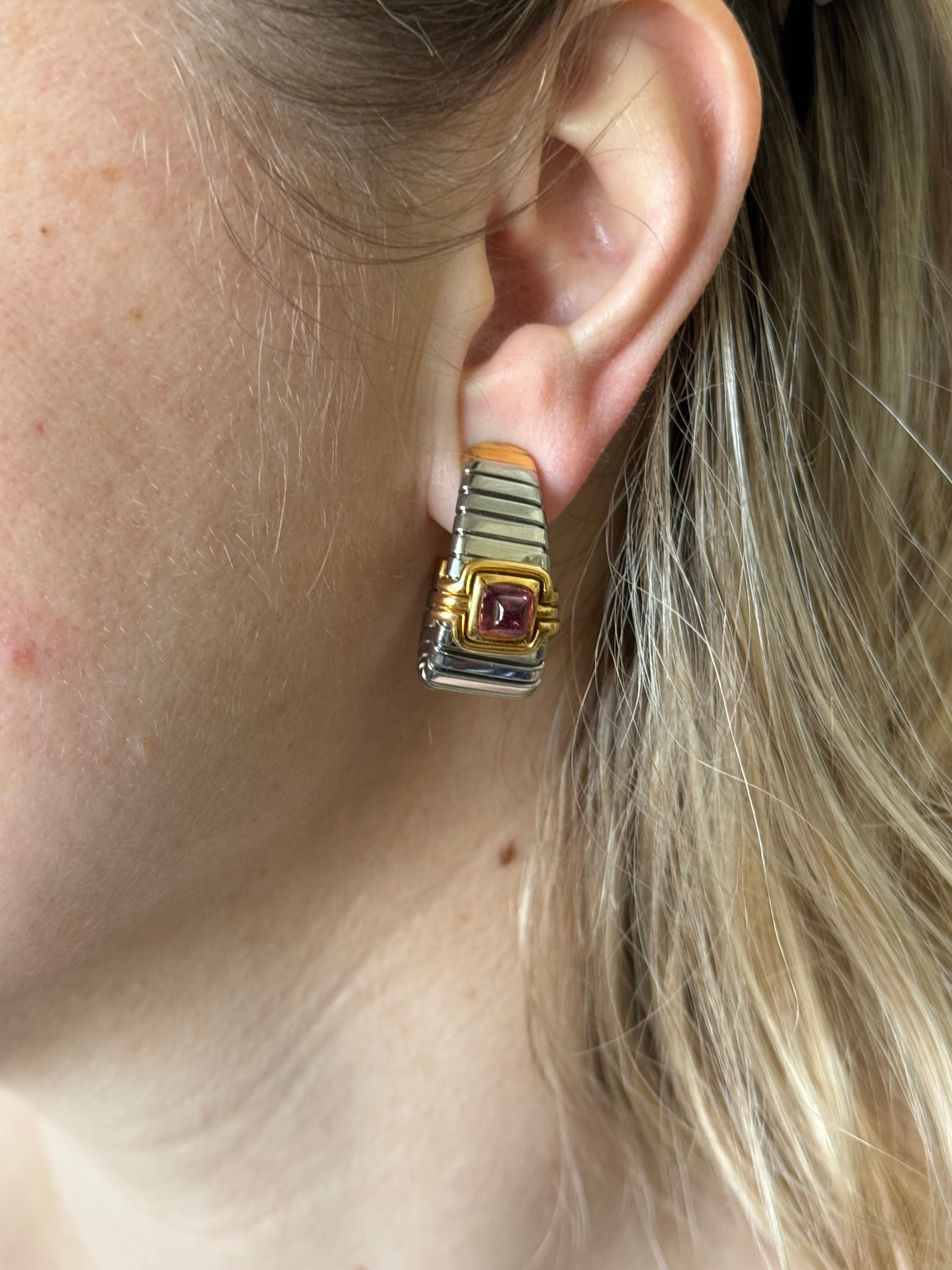 Bulgari Tubogas Tourmaline Steel Gold Hoop Earrings