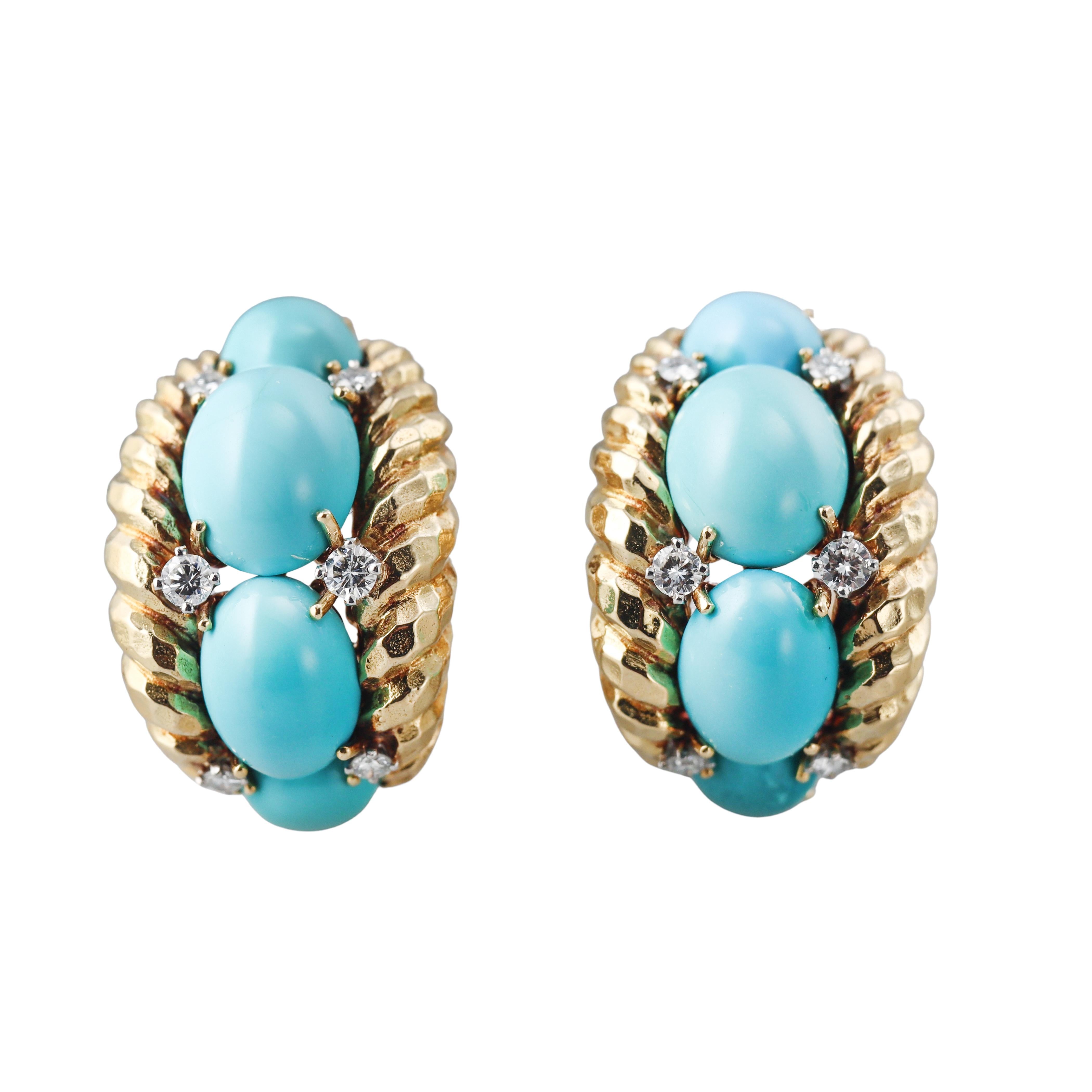 David Webb Turquoise Diamond Gold Platinum Earrings