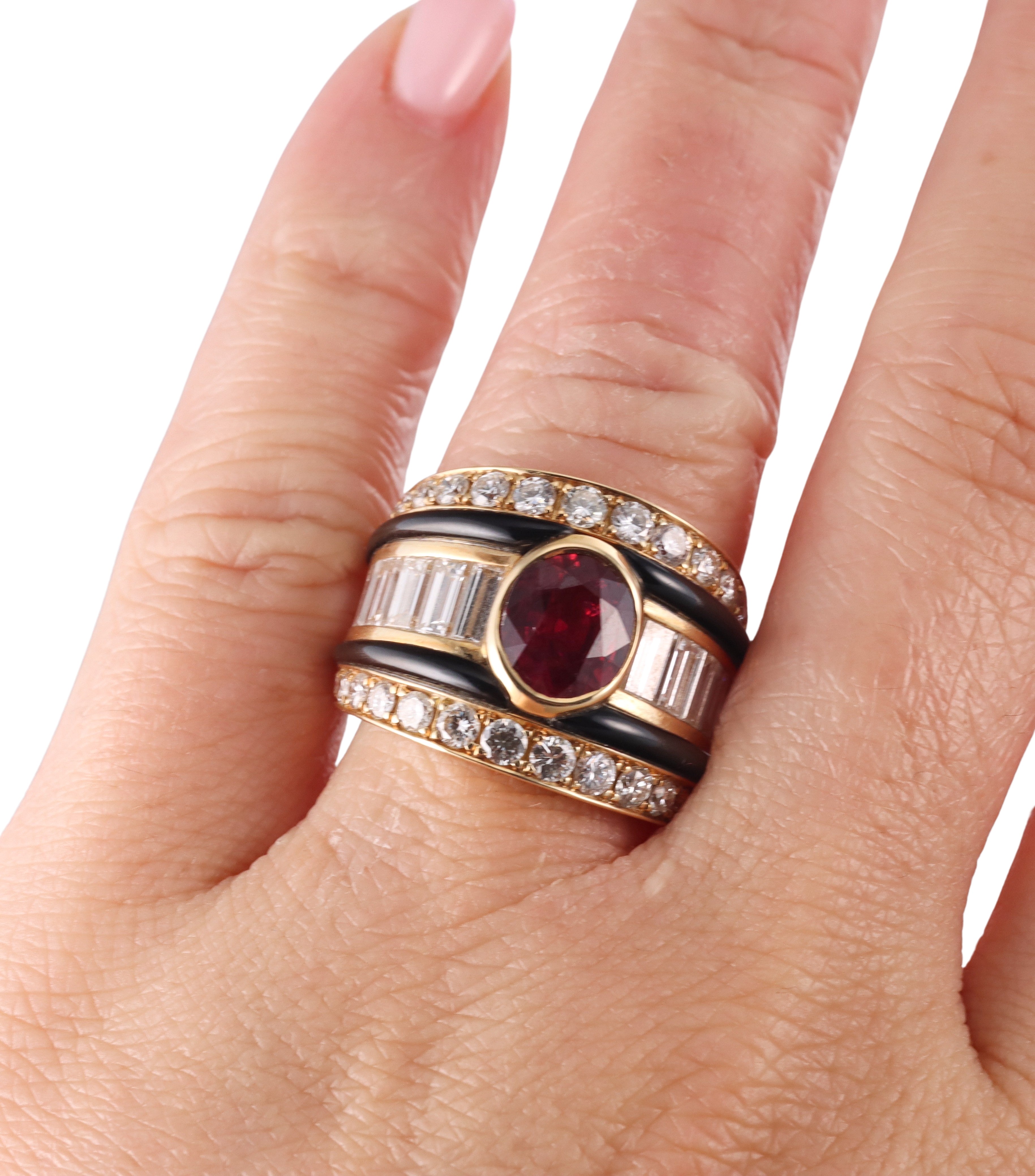 Italian 2.39ct Ruby Diamond Enamel Gold Ring