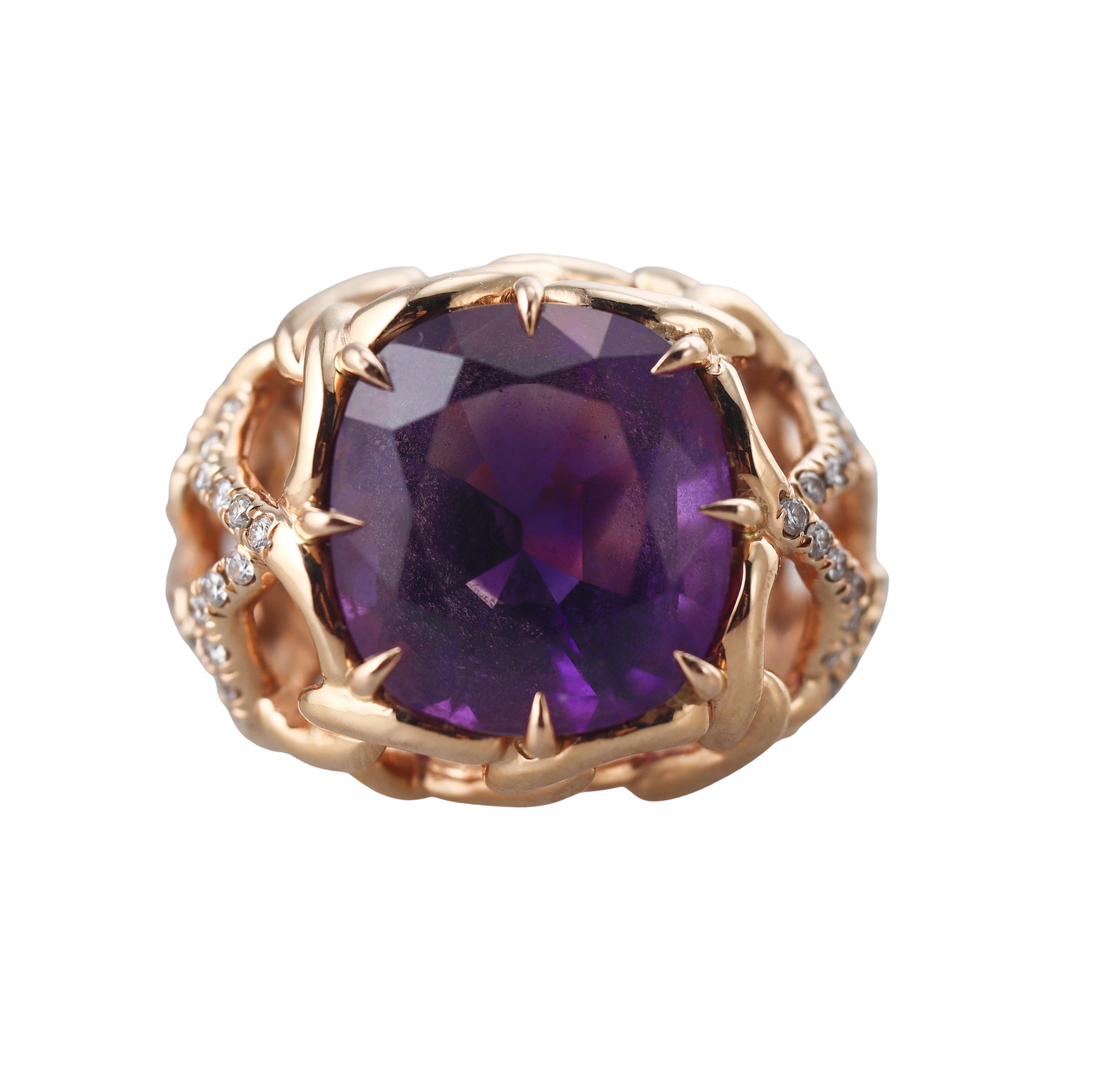 David Yurman Quatrefoil Diamond Amethyst Gold Ring