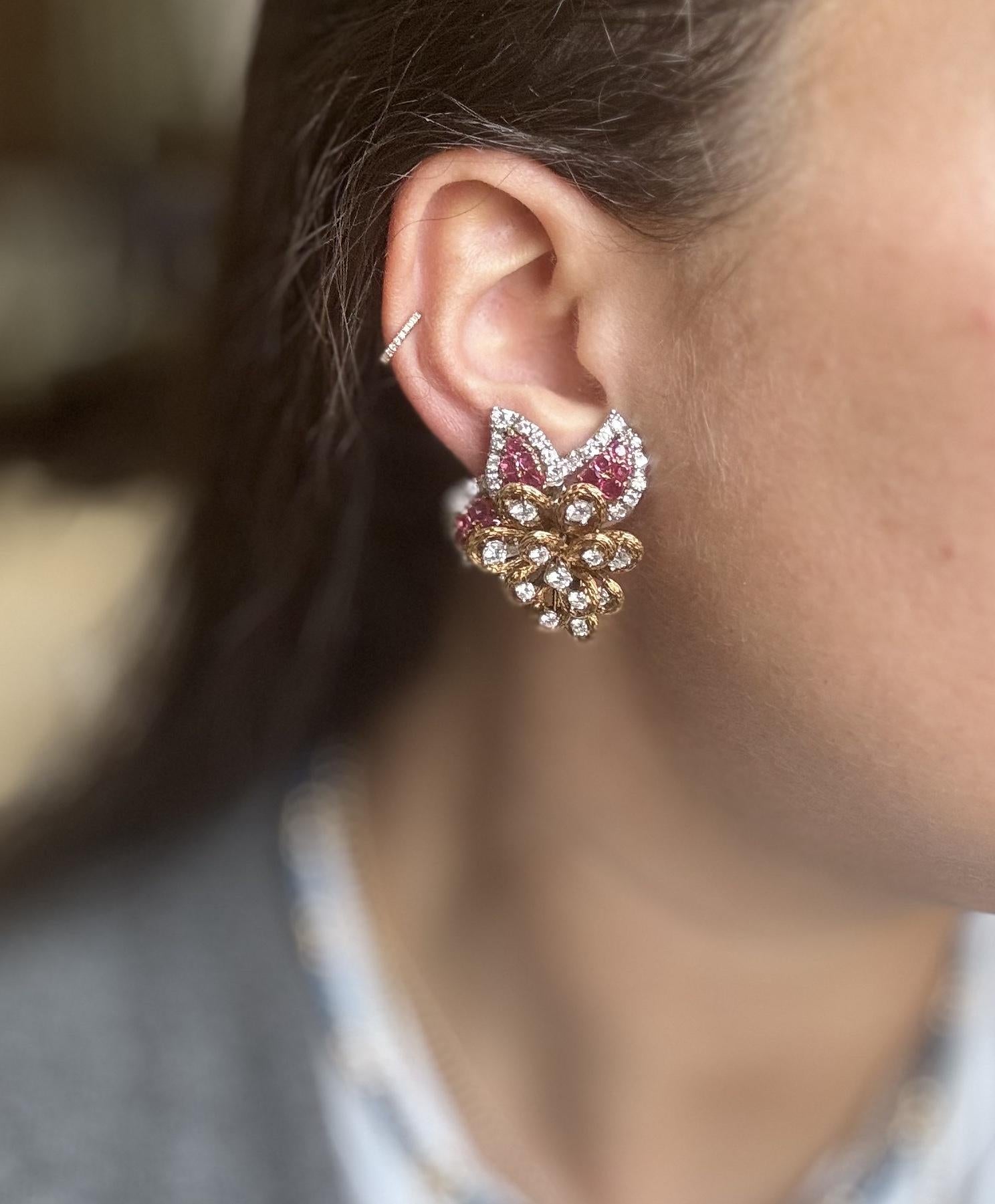 Vintage Gold Ruby Diamond Cocktail Earrings