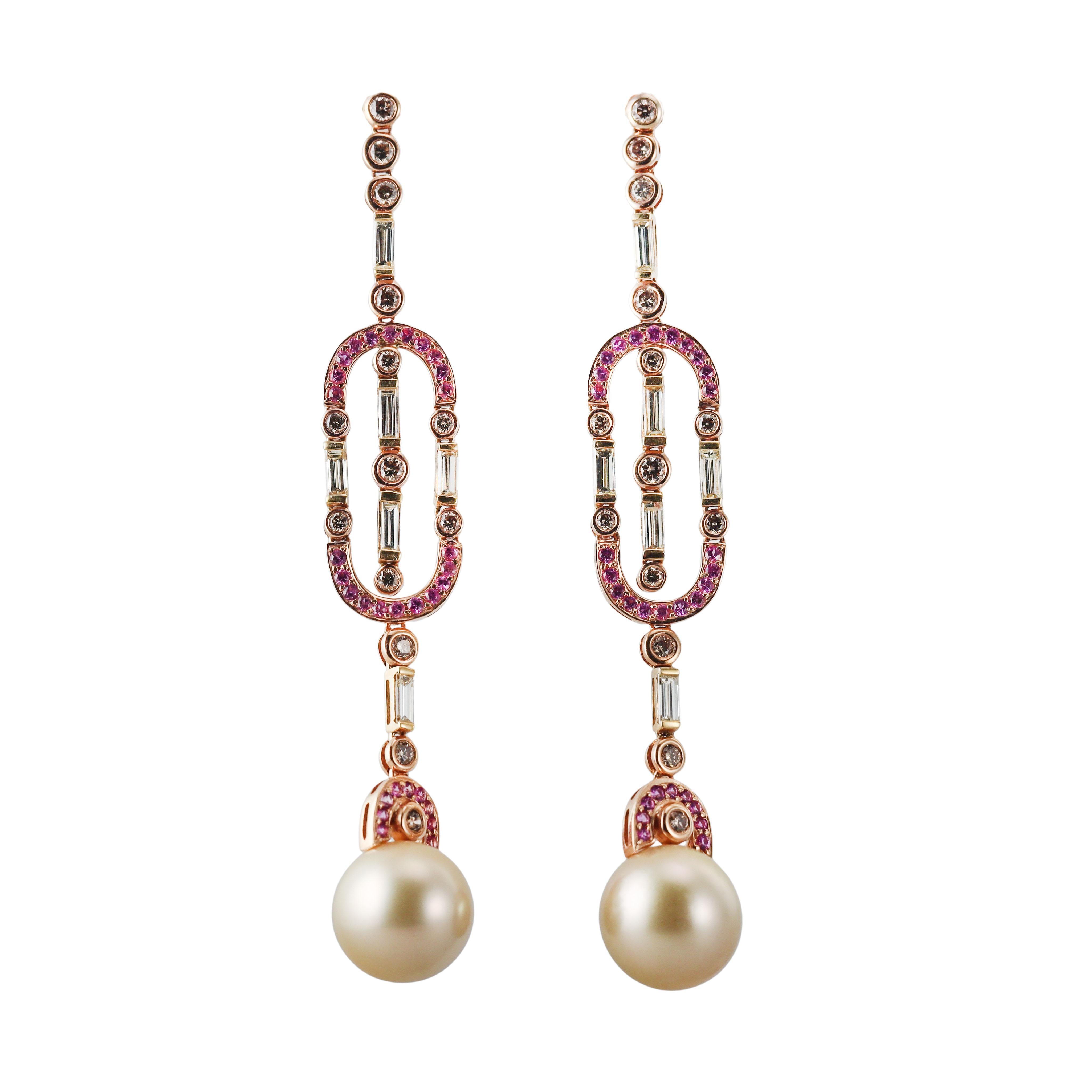 South Sea Pearl Diamond Pink Sapphire Gold Chandelier Night & Day Earrings