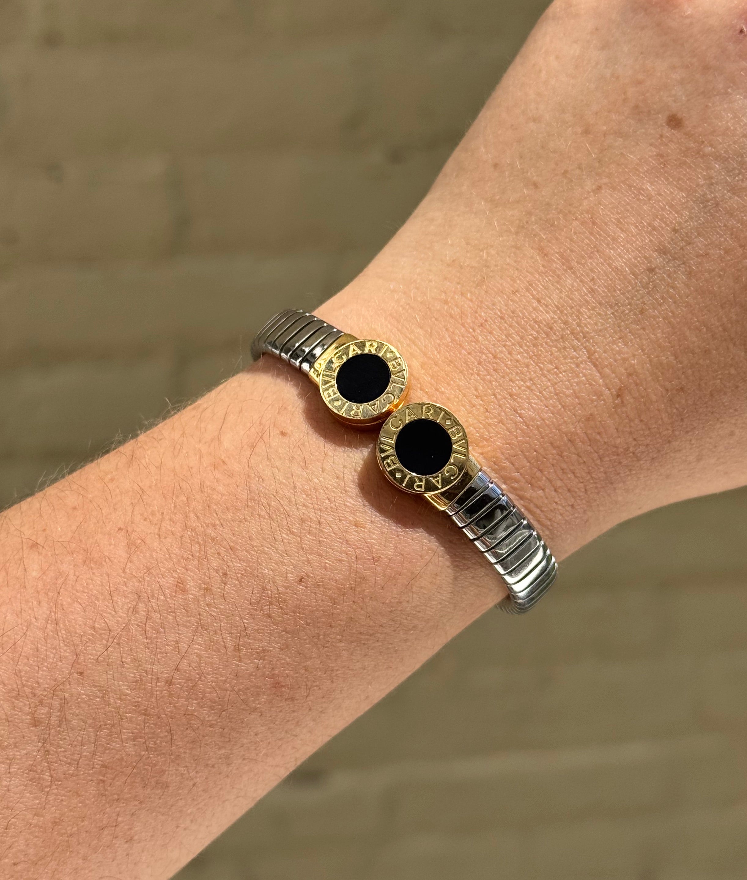 Bulgari Tubogas Gold Steel Onyx Cuff Bracelet