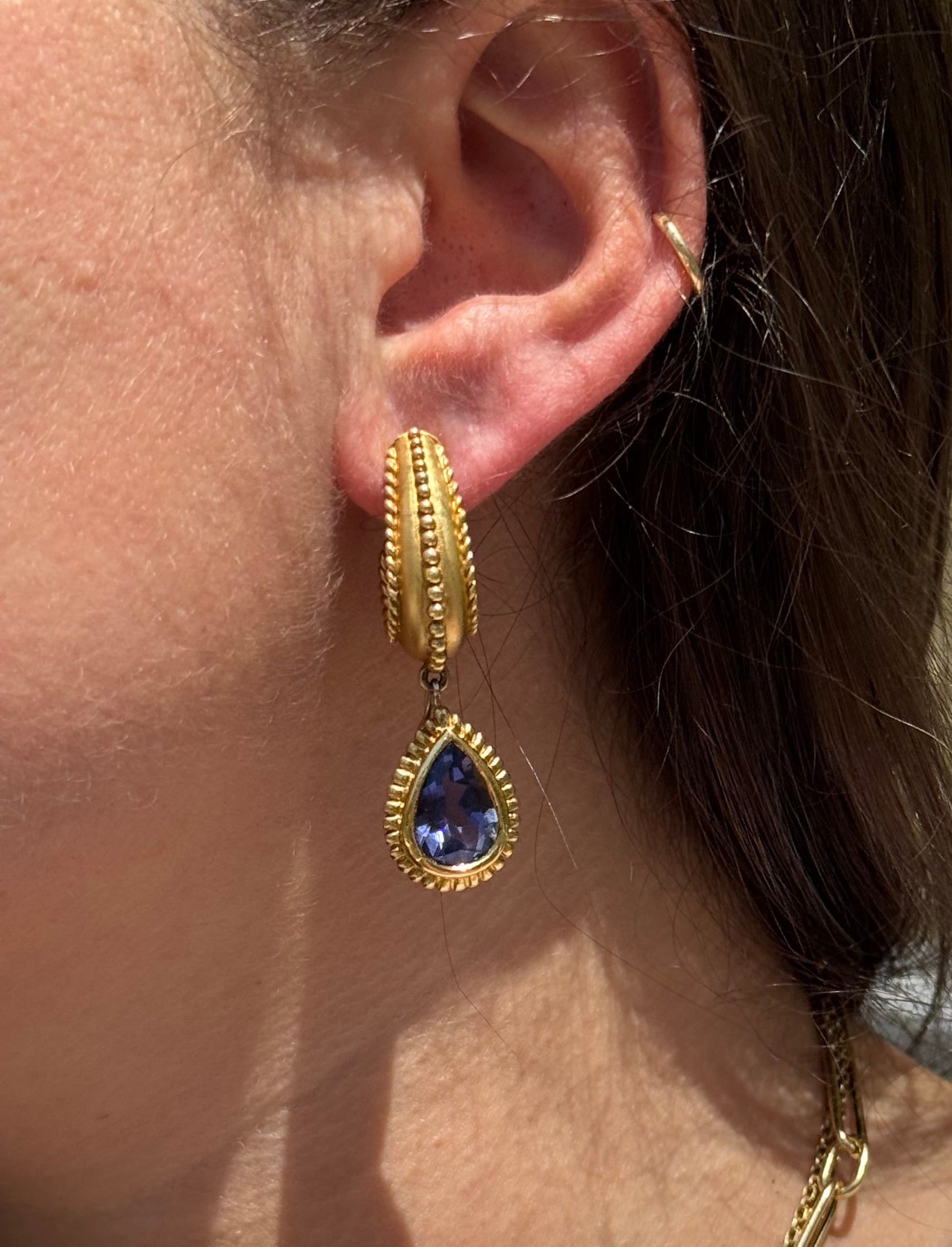 Cynthia Bach Gold Tanzanite Emerald Pearl Crown Night & Day Earrings