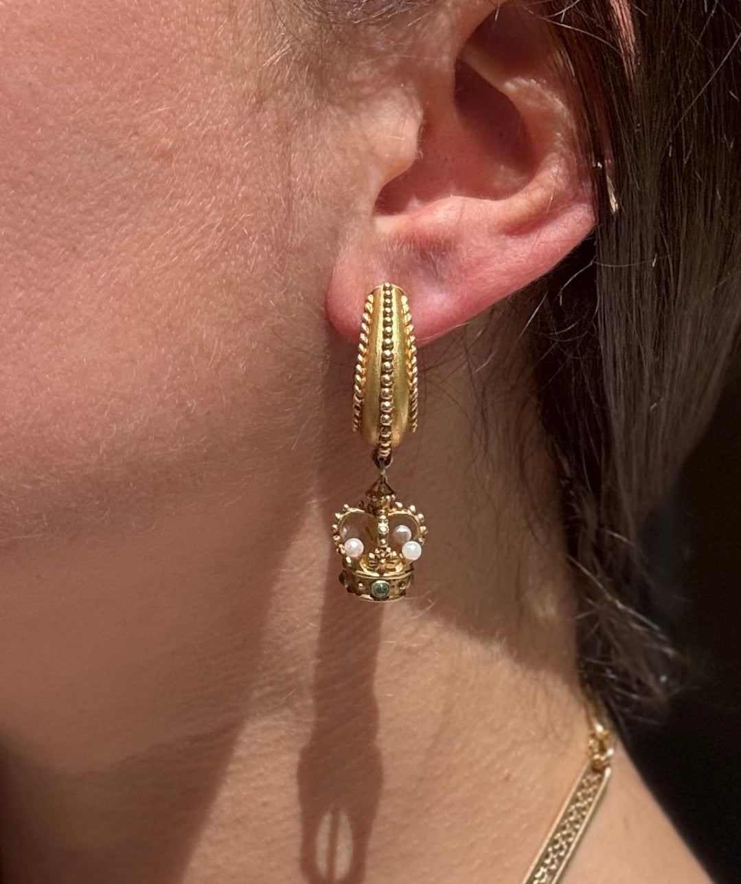 Cynthia Bach Gold Tanzanite Emerald Pearl Crown Night & Day Earrings