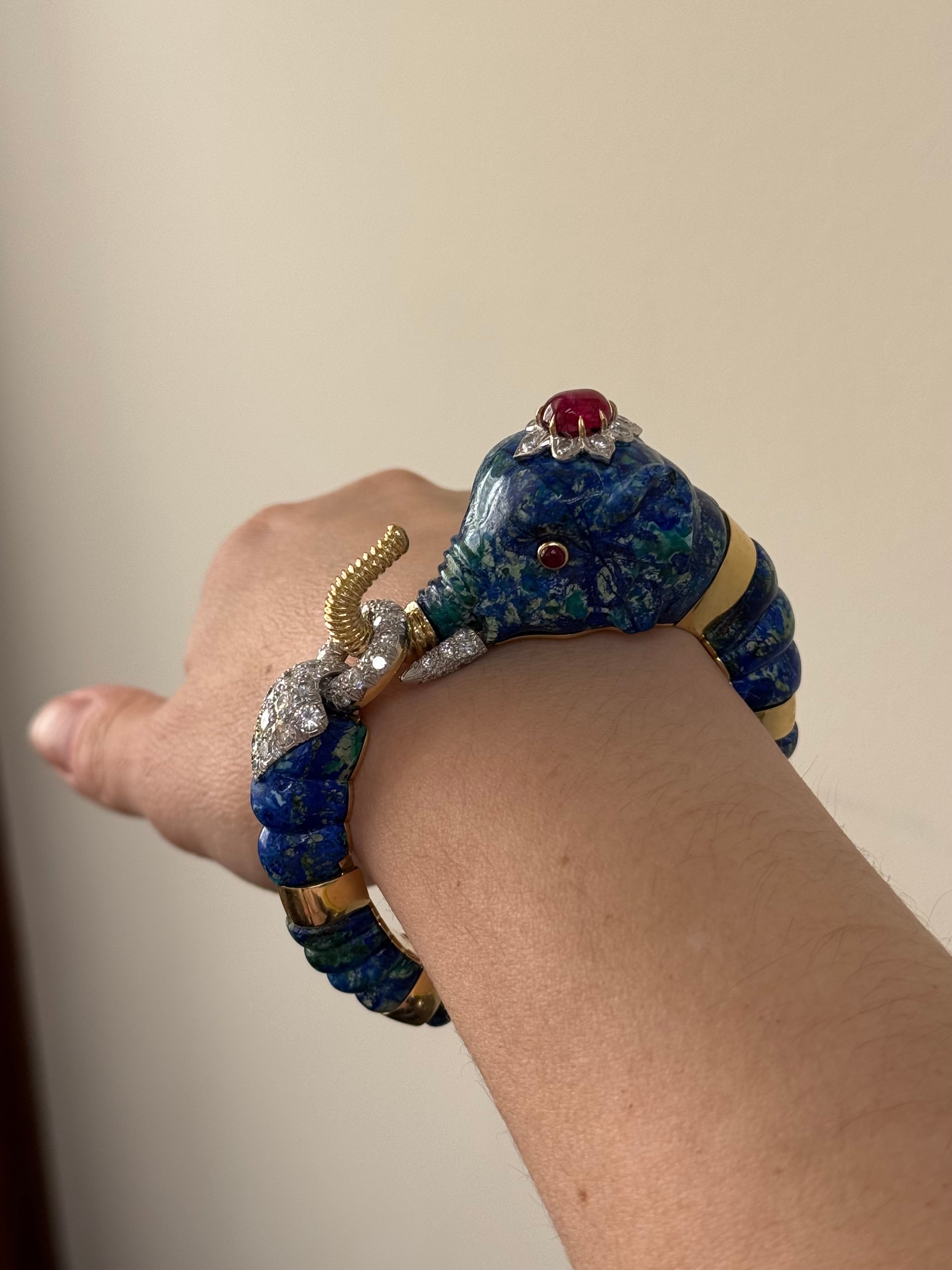 David Webb Diamond Ruby Azurmalachite Gold Platinum Elephant Bracelet