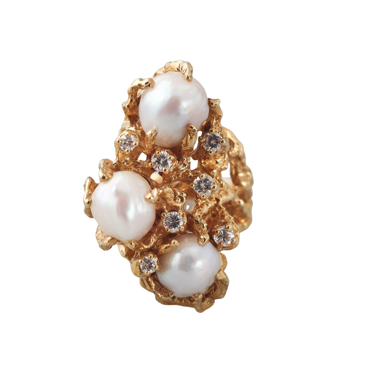 1970s Arthur King Diamond Pearl Gold Ring