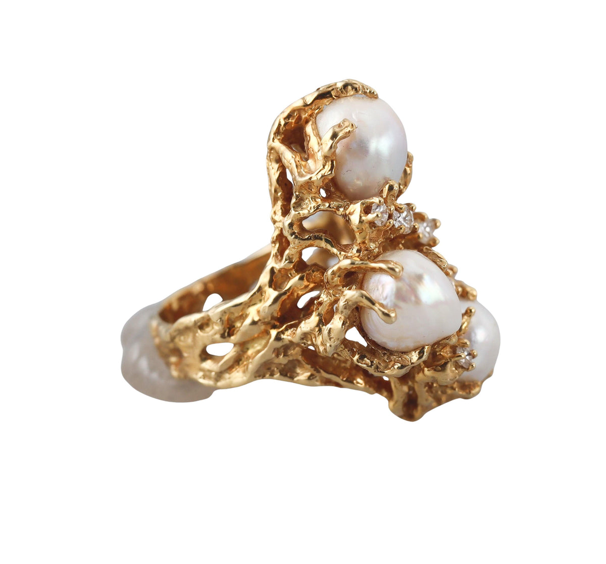 1970s Arthur King Diamond Pearl Gold Ring