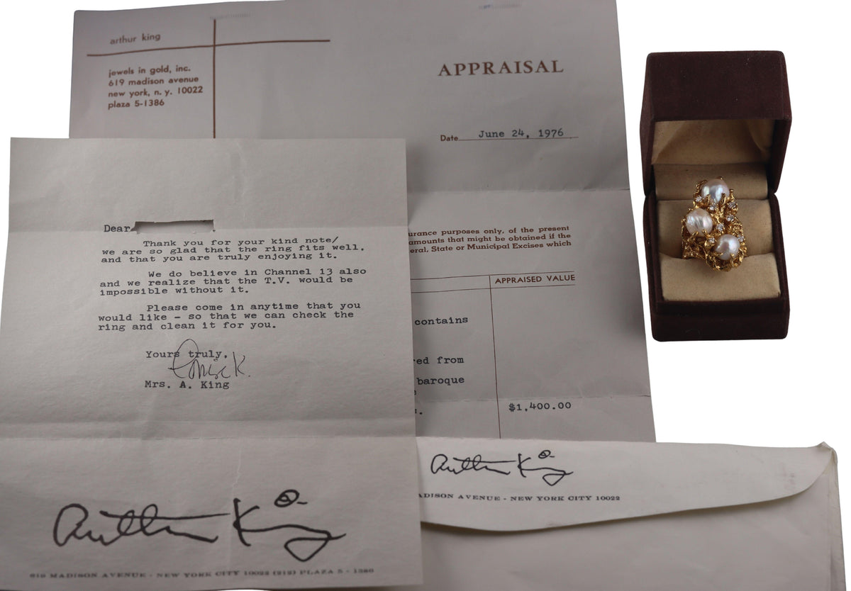 1970s Arthur King Diamond Pearl Gold Ring
