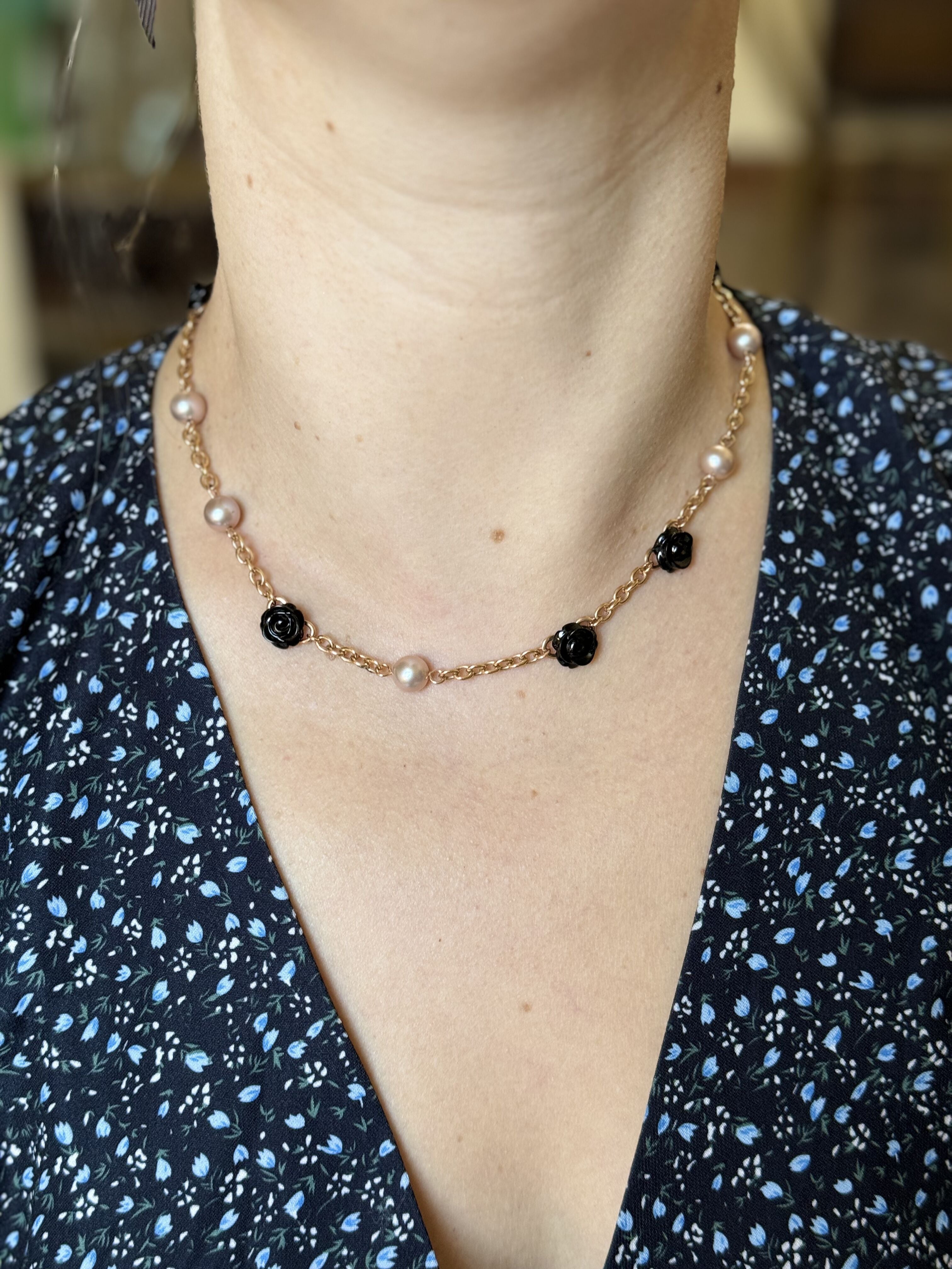 Mimi Milano Grace Black Agate Pearl Gold Rose Flower Necklace