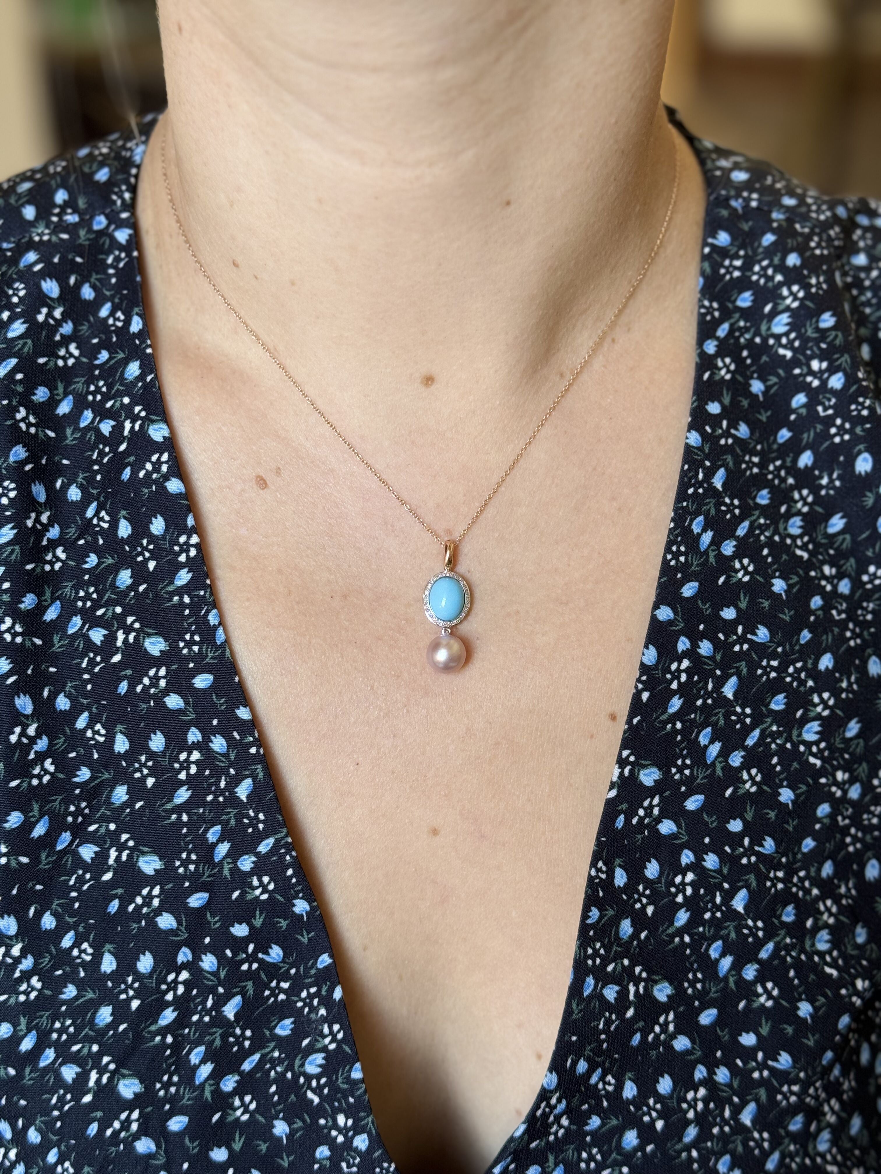 Mimi Milano Leela Turquoise Diamond Pearl Gold Pendant Necklace