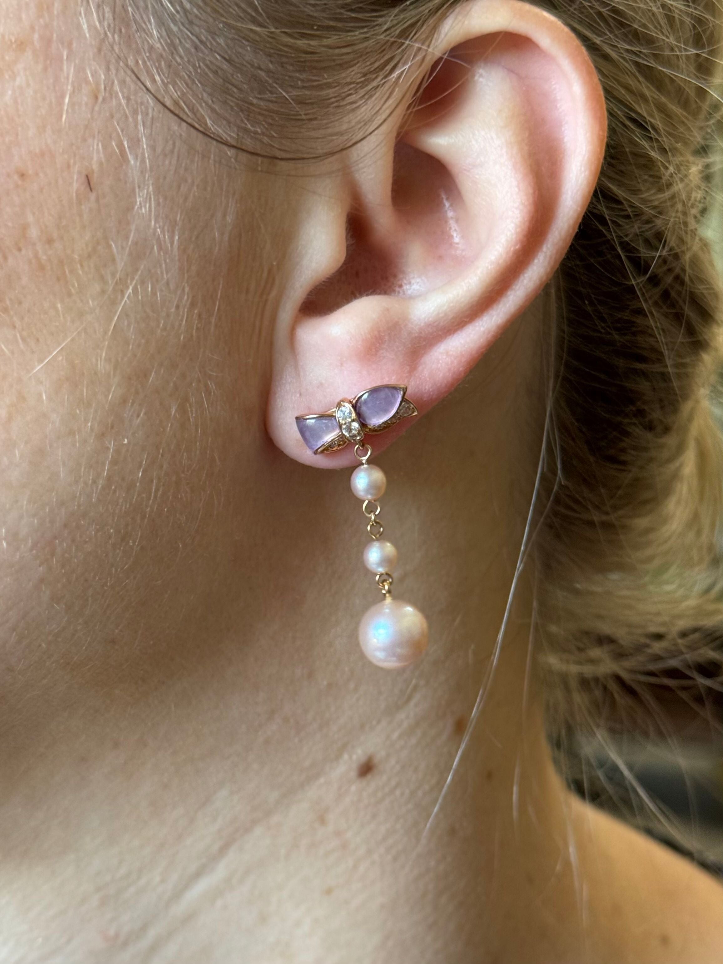 Mimi Milano Ribbon Sapphire Pearl Amethyst Gold Drop Earrings