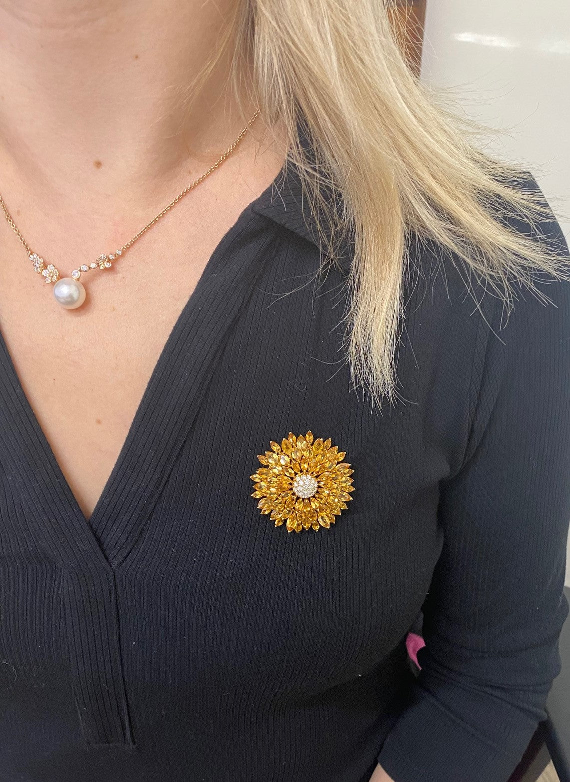 Asprey Daisy Heritage Citrine Diamond Gold Flower Brooch Pin