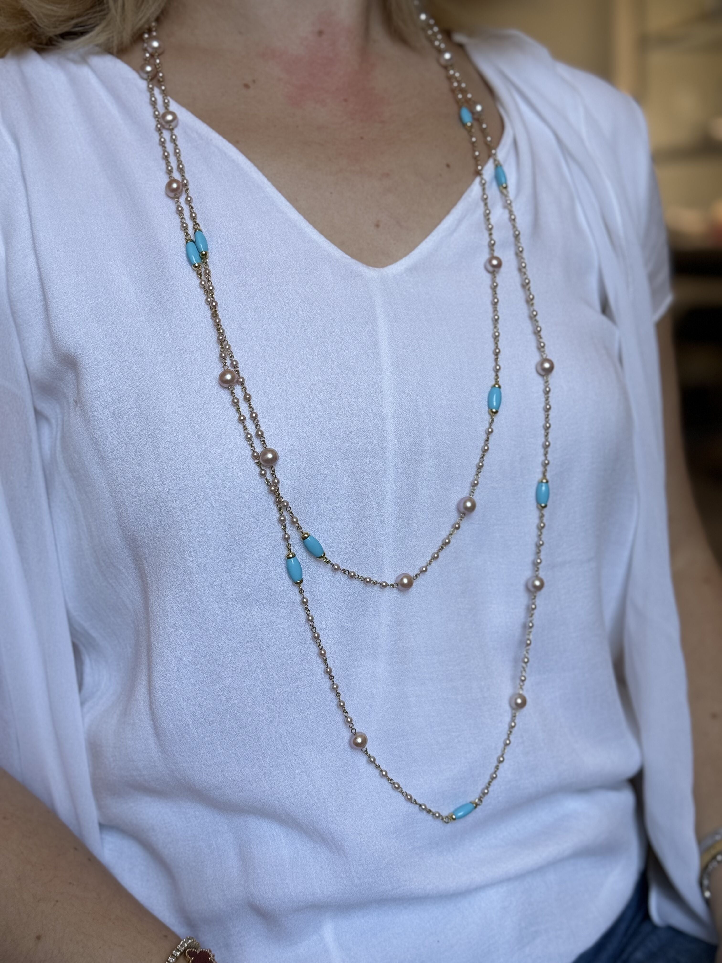 Mimi Milano Nagai Turquoise Pearl Gold Long Necklace