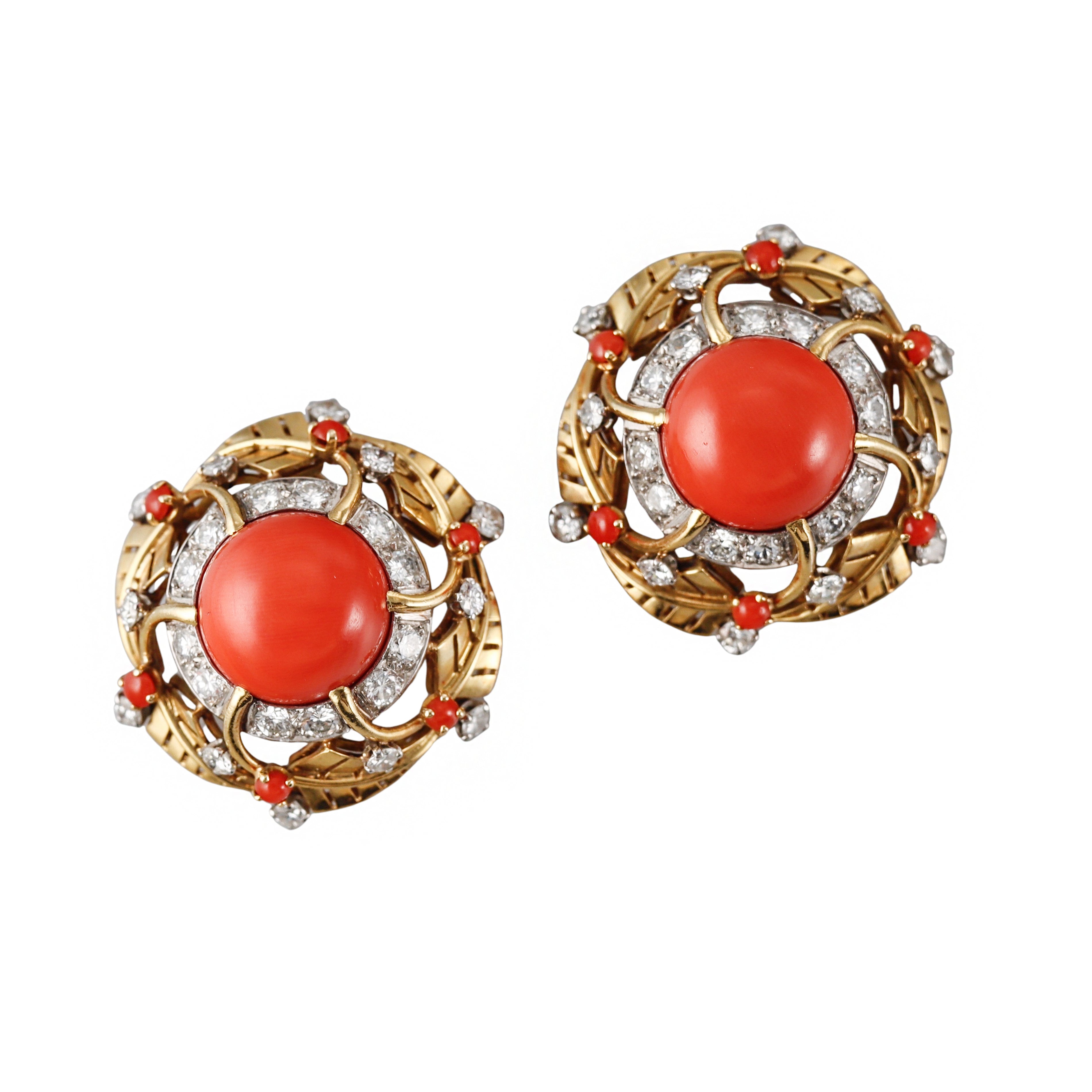 1950s Coral Diamond Gold Earrings