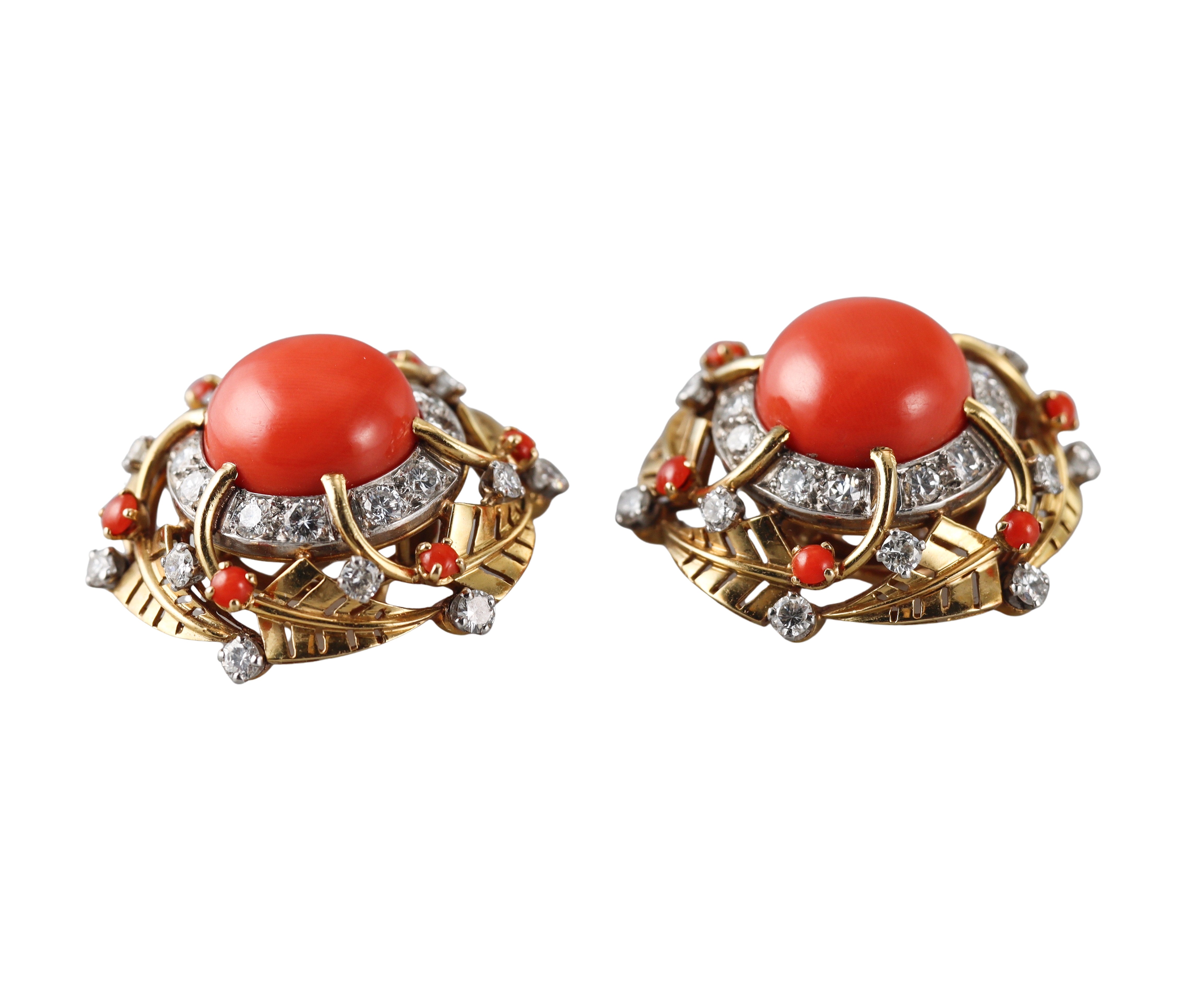 1950s Coral Diamond Gold Earrings