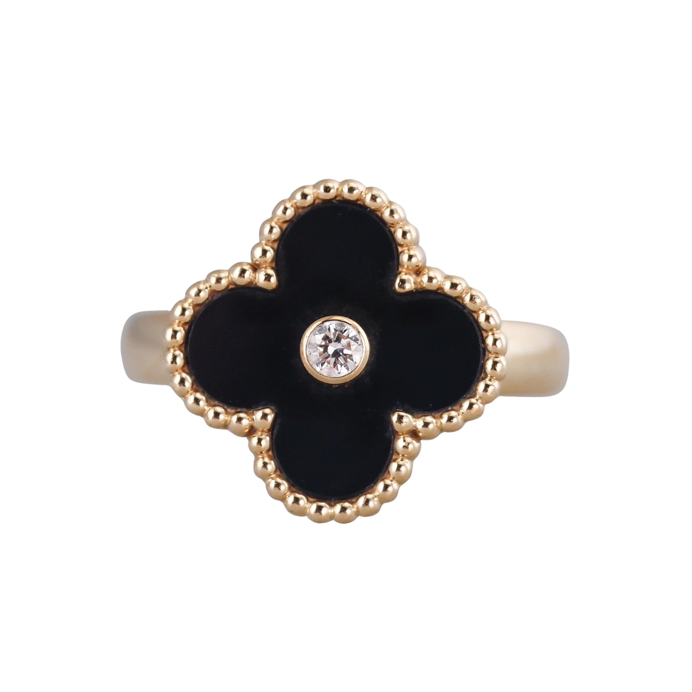 Van Cleef & Arpels Vintage Alhambra Onyx Diamond Gold Ring